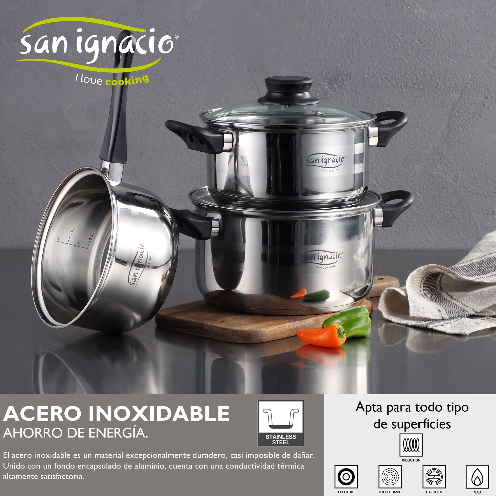 San Ignacio PK357 Batteria da cucina 5 pezzi e set di padelle in rosso, cromato