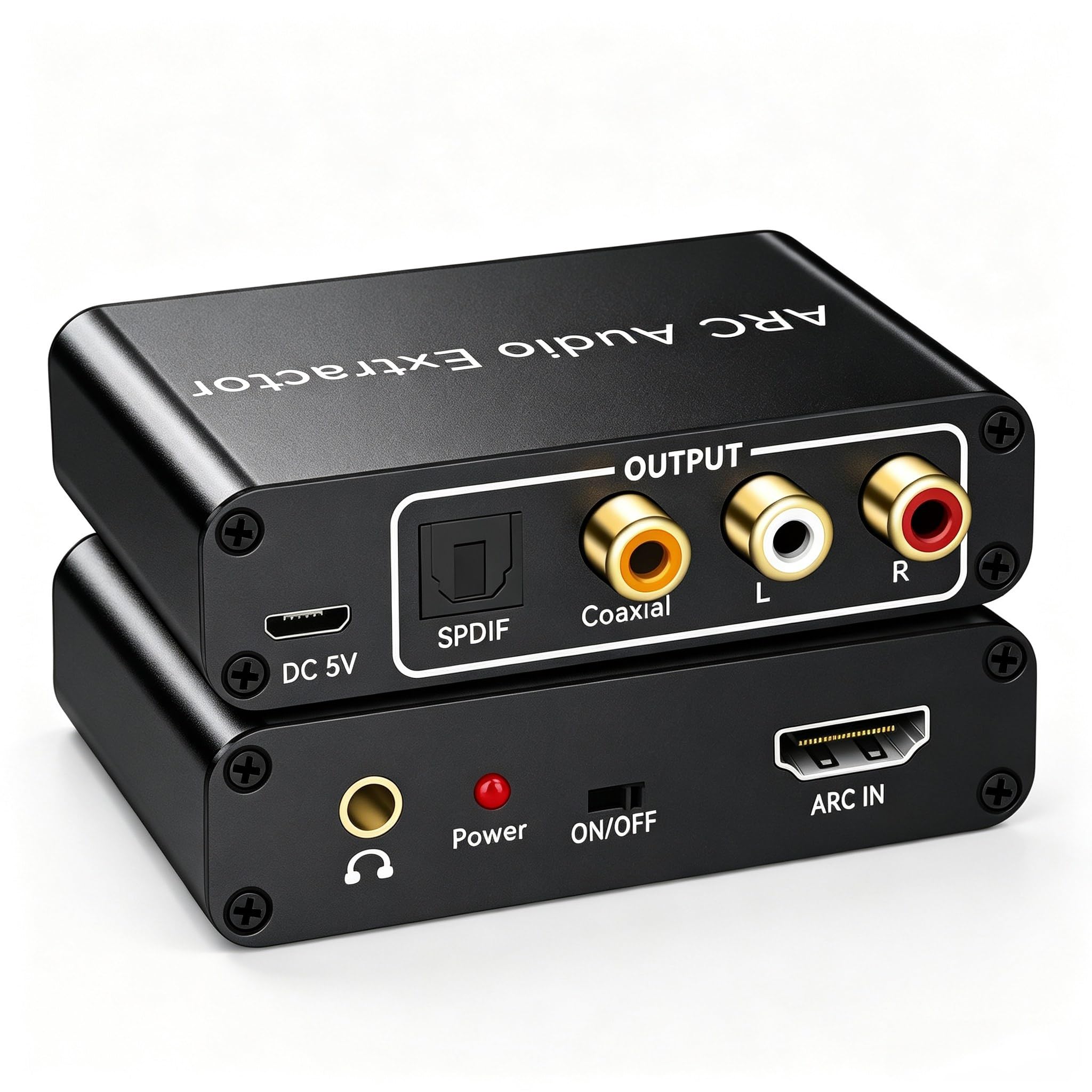 Extractor de audio HDMI ARC, adaptador de audio HDMI ARC de 192 KHz, divisor a TOSLINK SPDIF óptico + RCA L/R+ coaxial y analógico estéreo de 3,5 mm para barra de sonido HDTV-15 cm