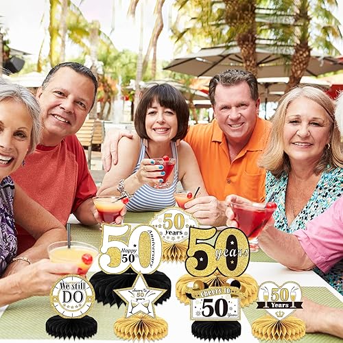 Miniatura 6 de 9 piezas de decoración de 50 aniversario para centros de mesa de cumpleaños 50 para decoración de mesas, decoraciones de nido de abeja de 50 años,