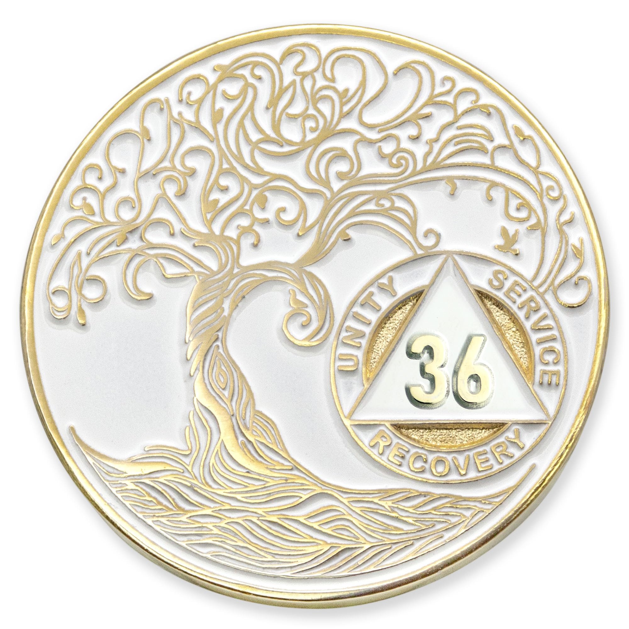 1 to 50 Year Twisted Tree of Life Sobriety Coin - Gold Plated AA Chips &amp; Medallions - 36 Year Sobriety Coin - White