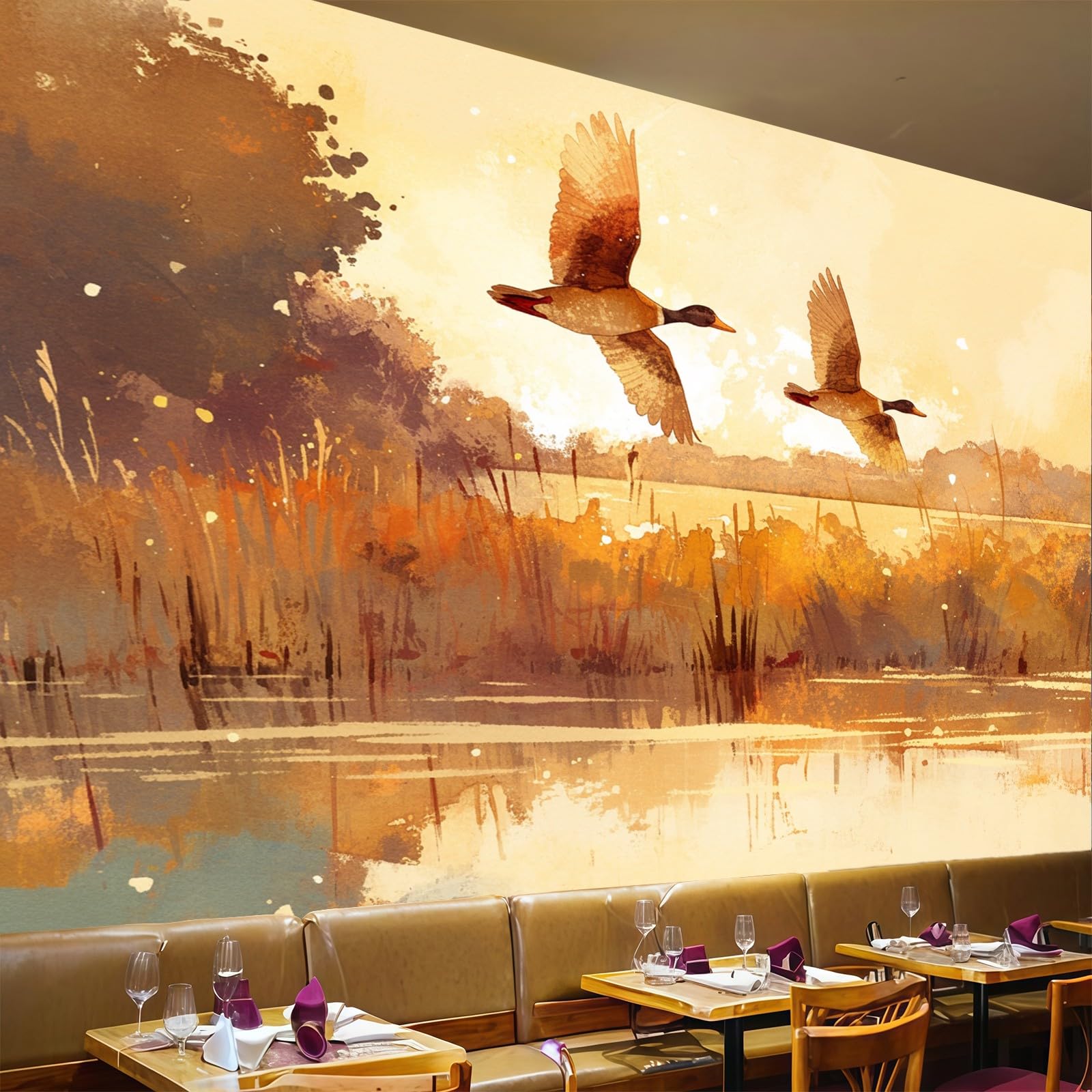 Papel pintado panorámico de patos 200x140 cm mural marrón para salón