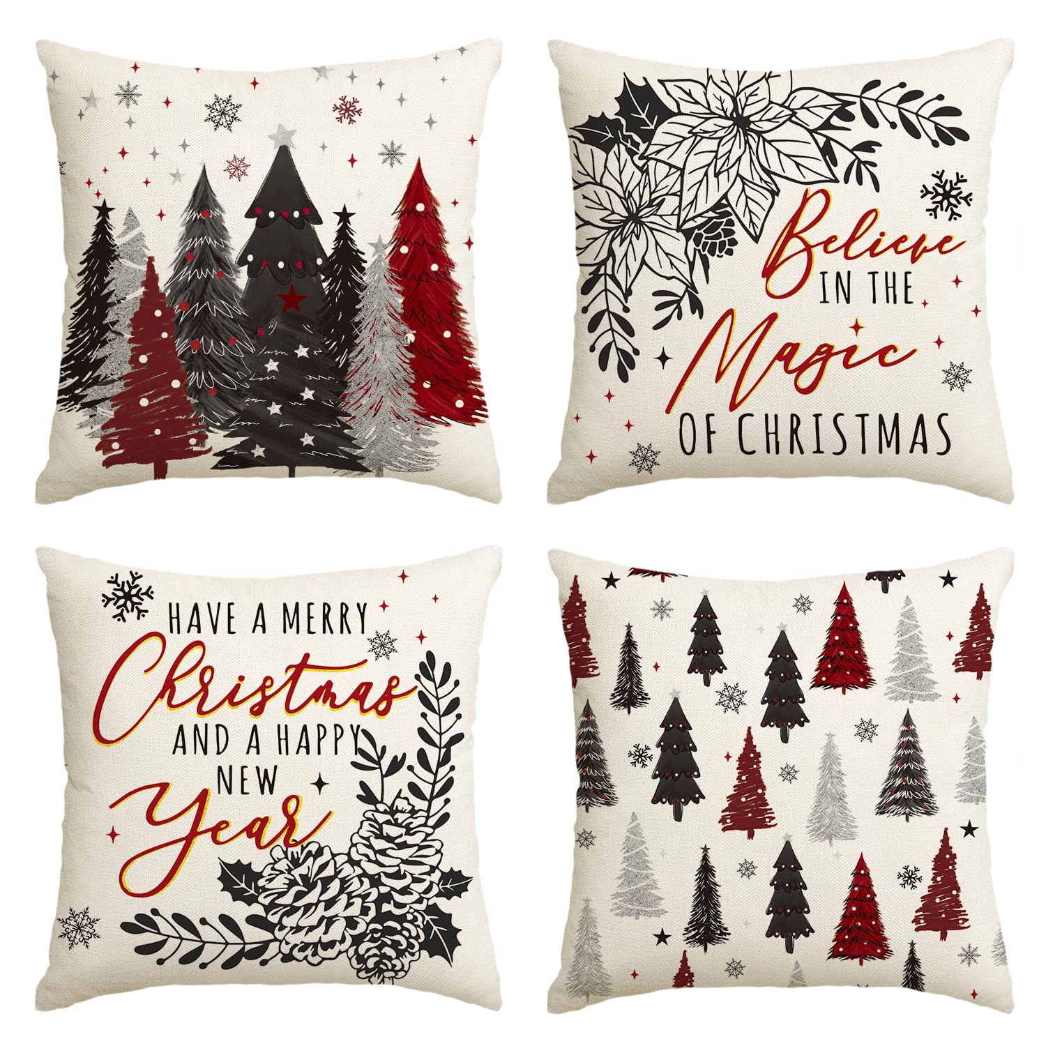 AVOIN colorlifeBelieve in The Magic Christmas Trees Poinsettia Snowflake Eucalyptus Throw Pillow Covers, 18 x 18 Inch Xmas Winter Holiday Cushion Case Decoration for Sofa Couch Set of 4