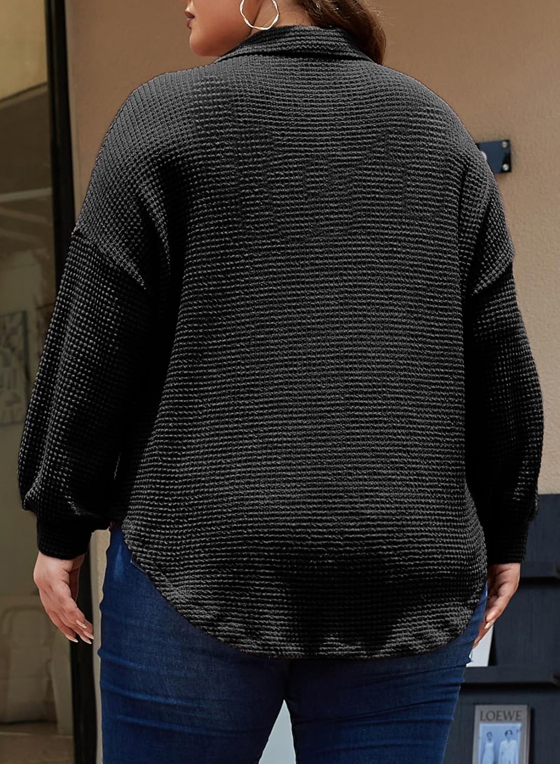 Eytino Womens Plus Size Boyfriend Shirts Casual Long Sleeve Button Down Oversized Waffle Knit Shacket Jacket(1X-5X) - Image 2