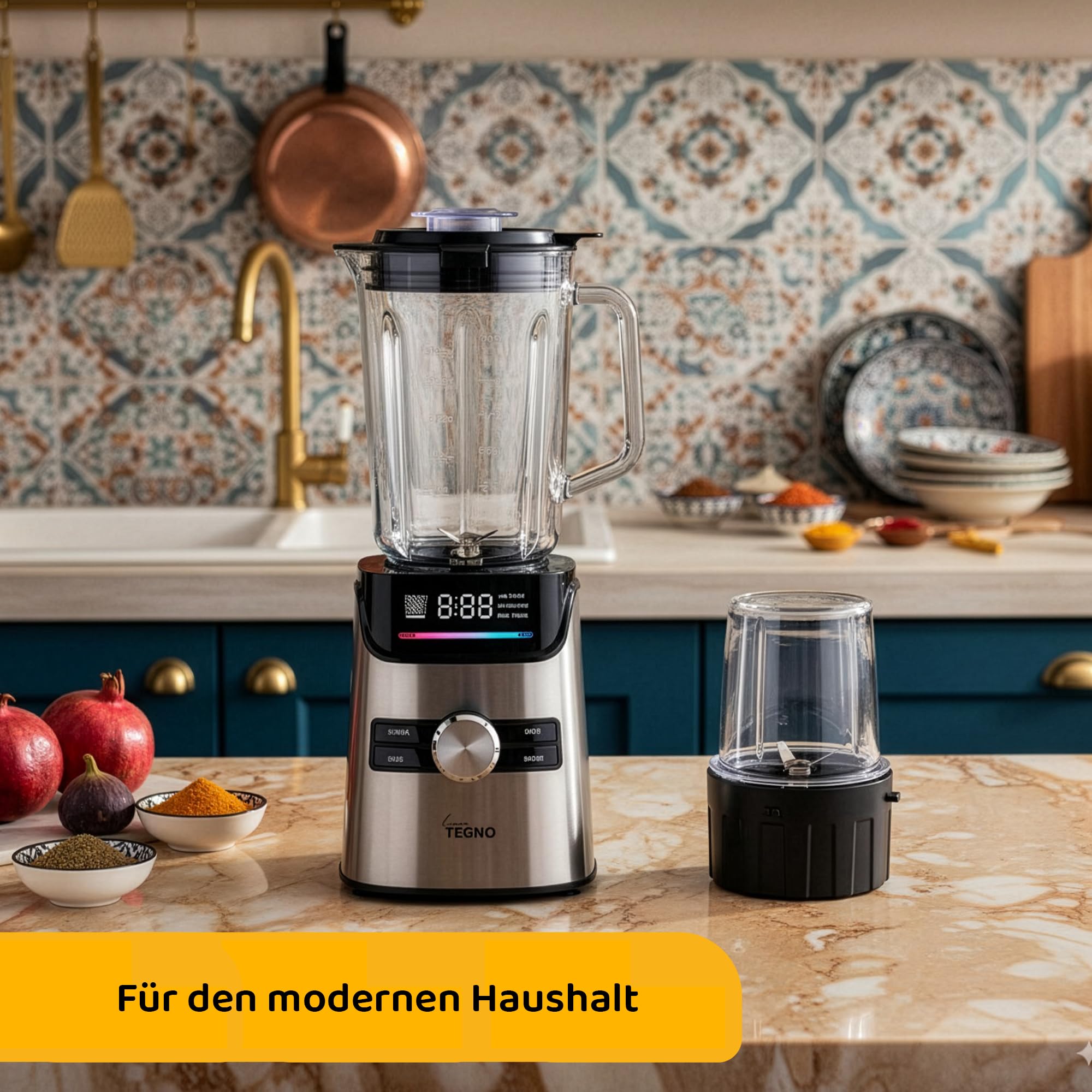 Power Blender - Linea Tegno – Profi Standmixer & Smoothie Maker – 1400W Hochleistungsmixer mit 1,7L Glasbehälter, LED-Display & 250ml Kaffeemühle – Edelstahl