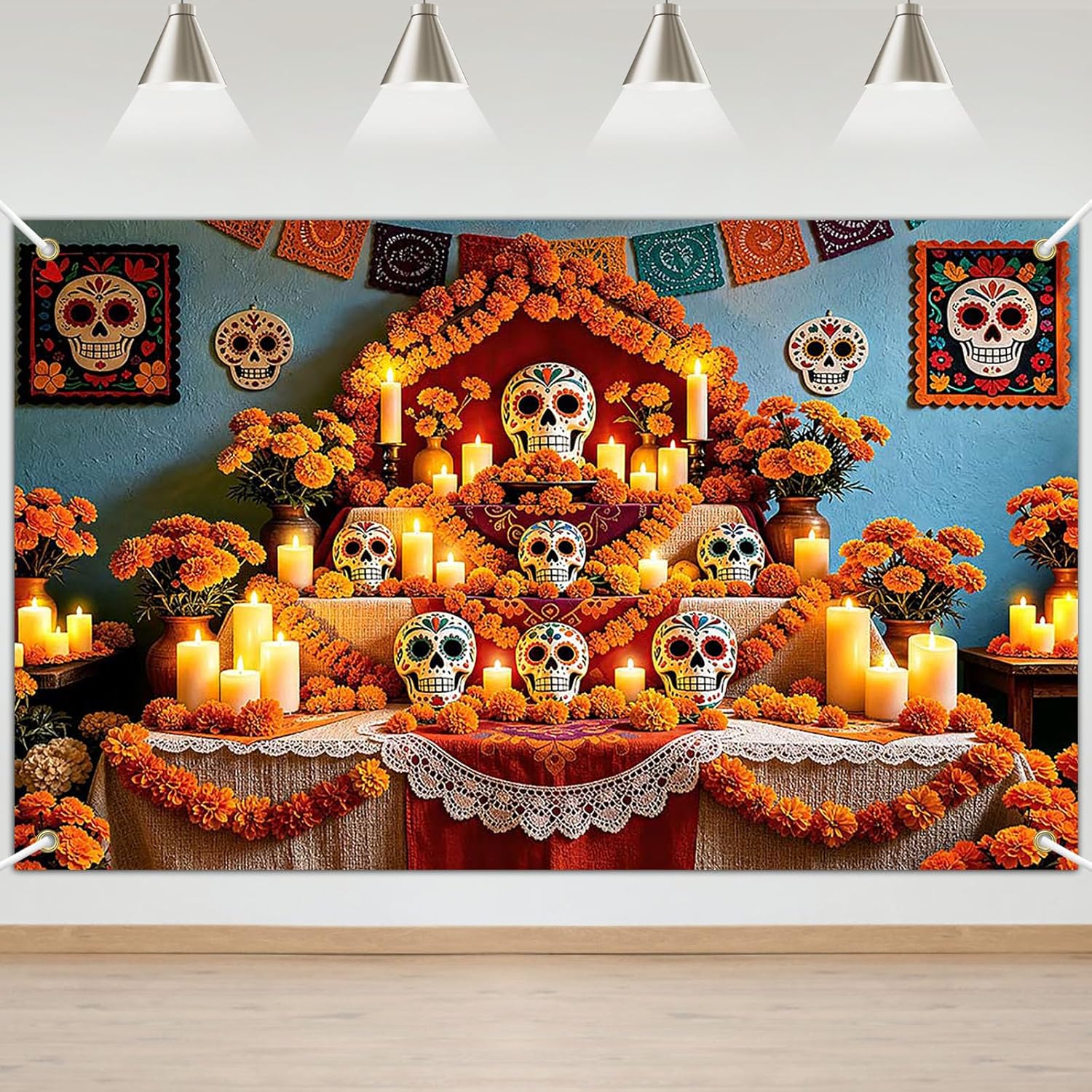 Avezano Day of The Dead Backdrop Dia De Los Muertos Banner Mexican Fiesta Dia DE Los Muertos Party Decorations Skull Marigold Candle Day of The Dead Banner Supplies (8 x 6 ft)