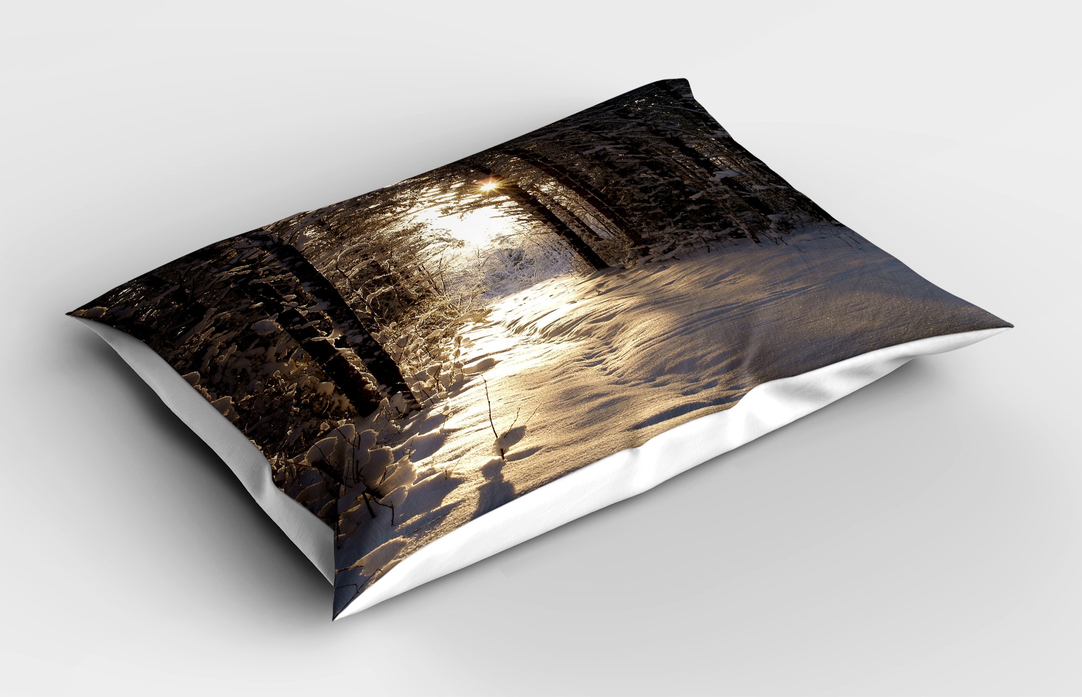 Ambesonne Winter Pillow Sham, Christmas Season with Snow and Forest Sun Rays Very Cold Woods Scenery, Decorative Standard Size Printed Pillowcase, 26