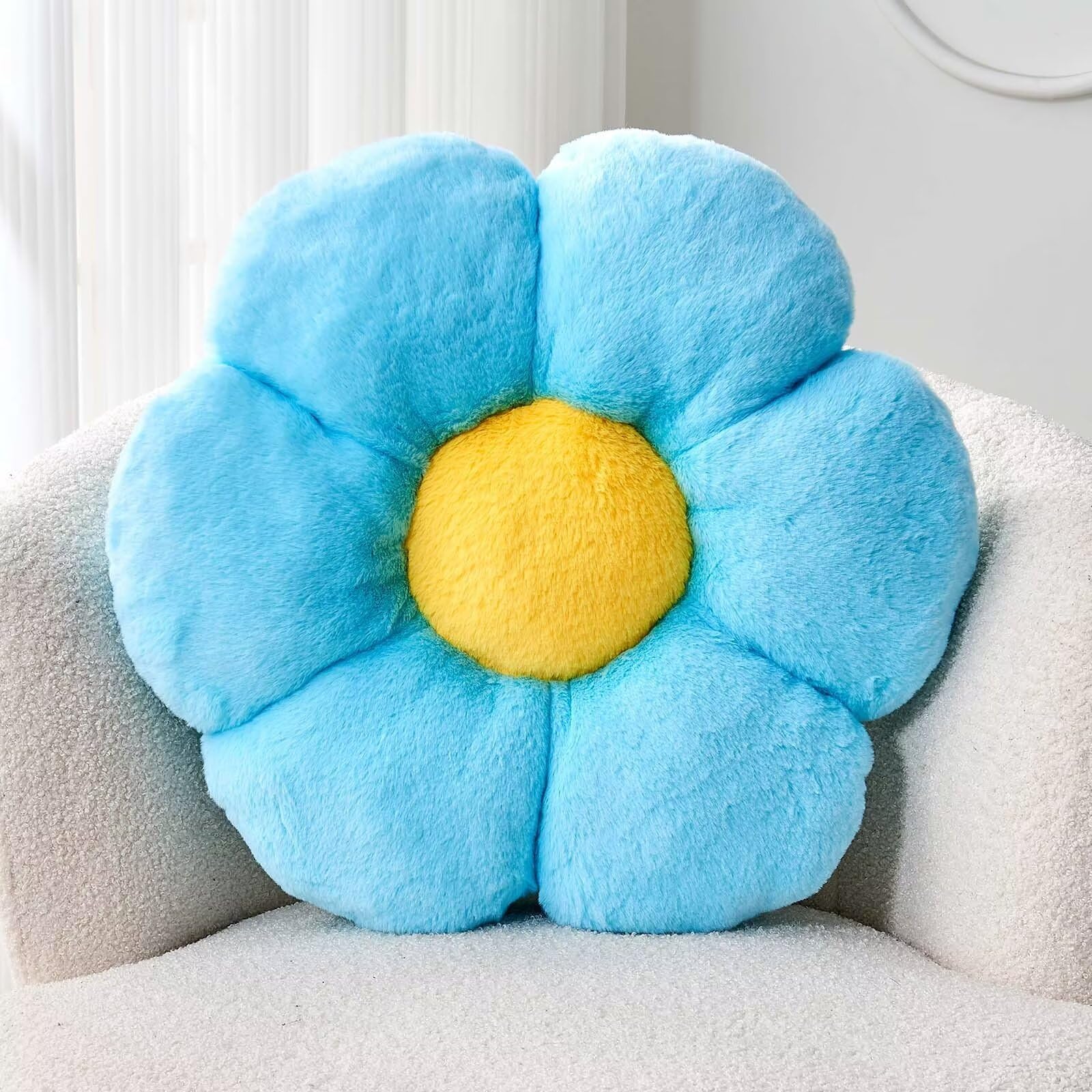 Kcvvcr Blue Flower Pillow, Cute Decorative Shaped Throw Pillow With Faux Rabbit Fur, 19.6" Soft Plush Floor Pillows Room Decor for Bedroom Living Room