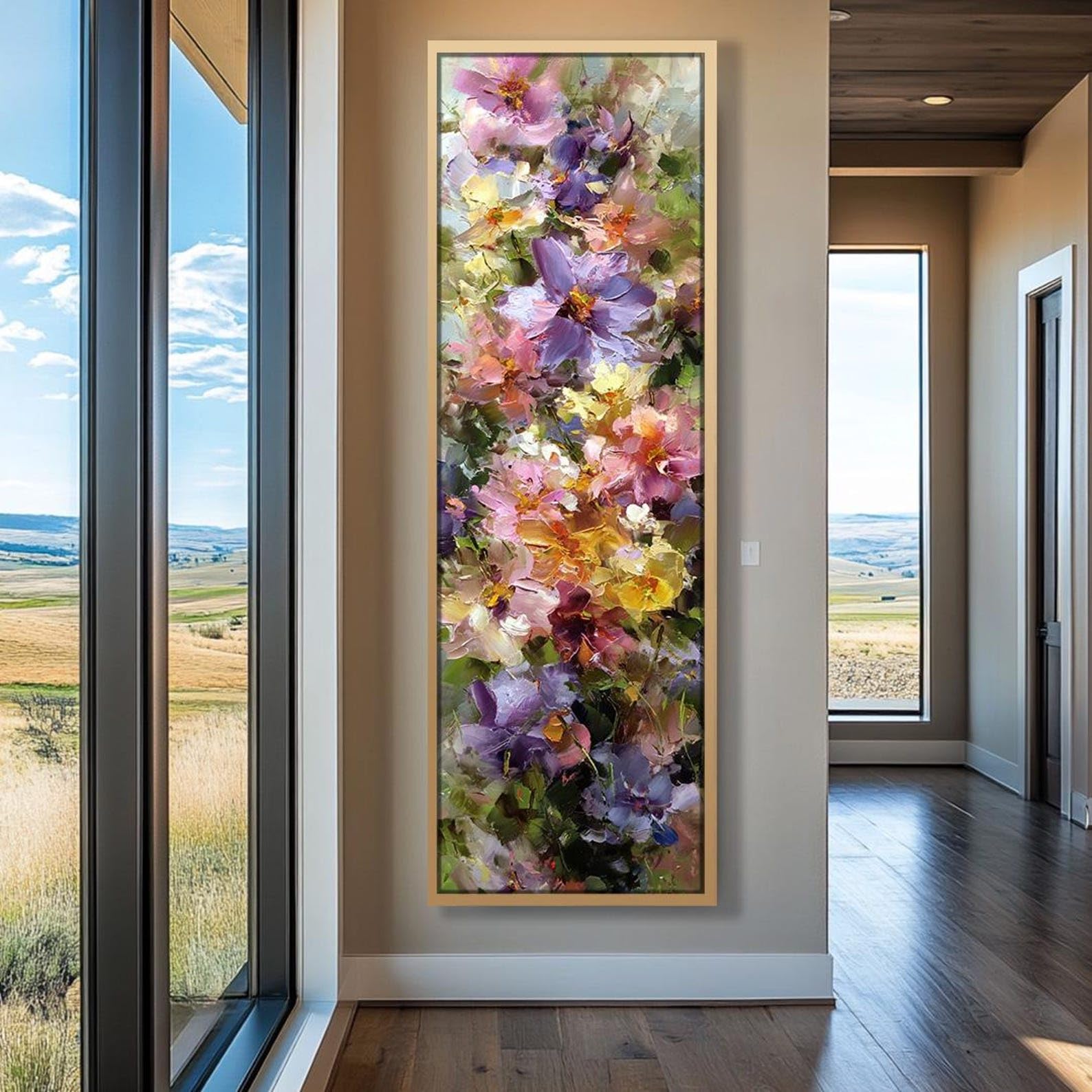 Cuadro decorativo floral en lienzo, lámina botánica con colores neutros, decoración vintage, pósteres de naturaleza largos y estrechos para estilo contemporáneo (30x90cm/marco interior)