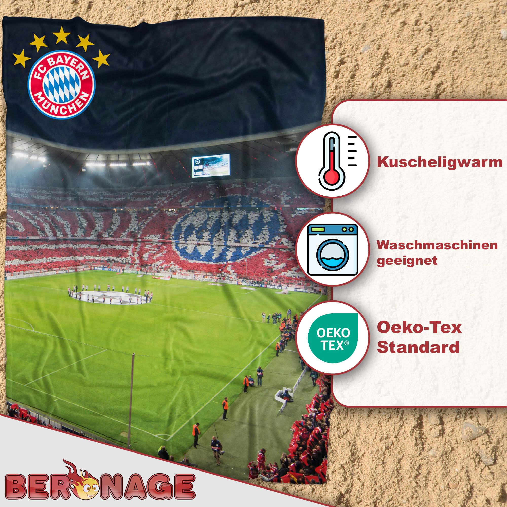 FC Bayern München Couverture Allianz Arena - 150 x 200 cm - Mia san Mia - Plaid de football - Idéal pour le canapé et le lit - Article pour fan des records - Convient à la parure de lit de football