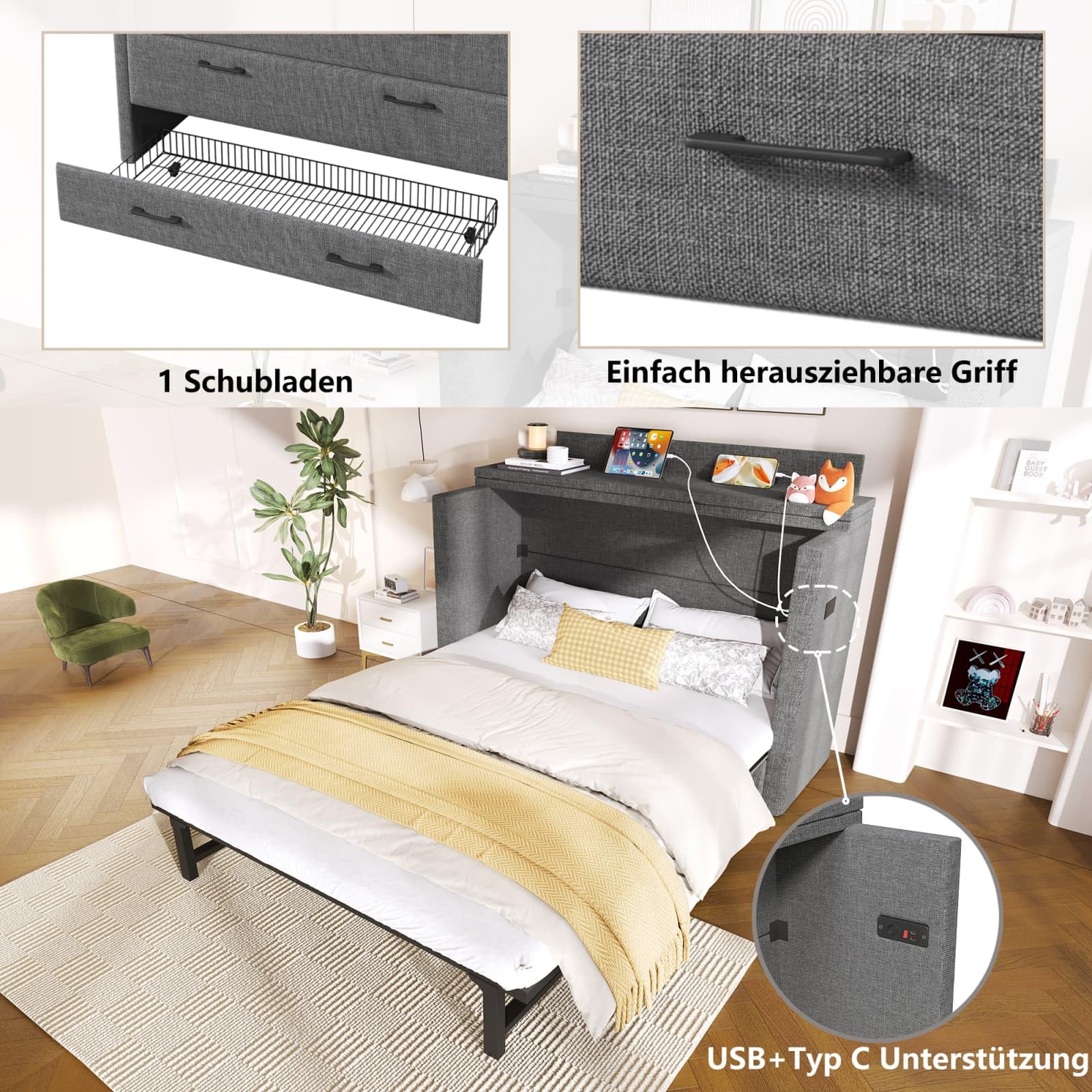 KOMHTOM Lit Escamotable en Lin avec Ports USB et Type-C, Lit Plateforme Convertible avec Tiroirs de Rangement(sans Matelas)(140 x 200 Gris)