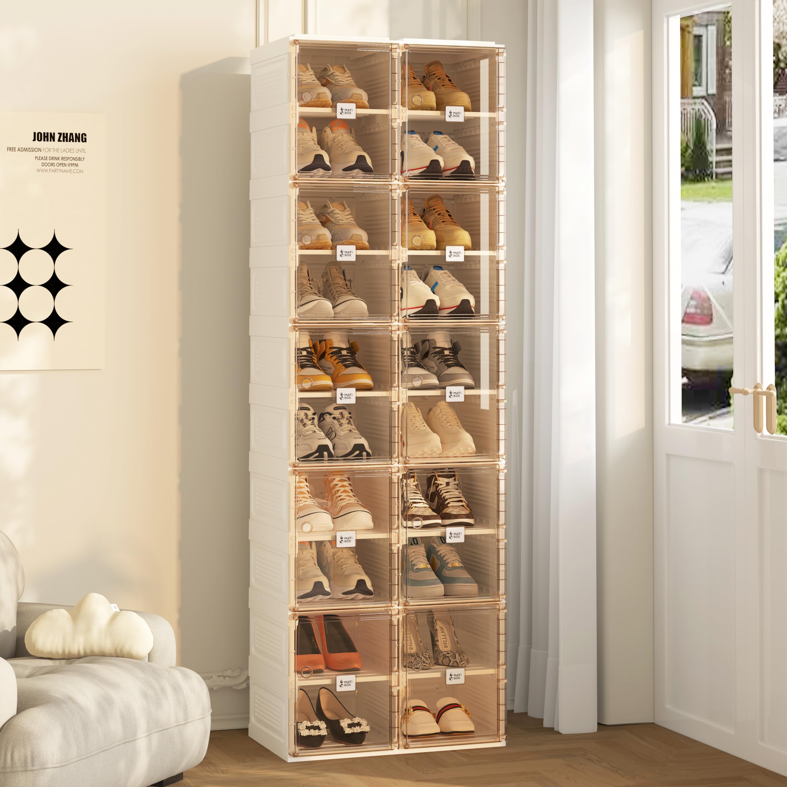 Transparente schuhregal,schuhboxen stapelbar Braun, mit magnetischer Tür, für Stöckelschuhe, Stiefeletten, Pumps