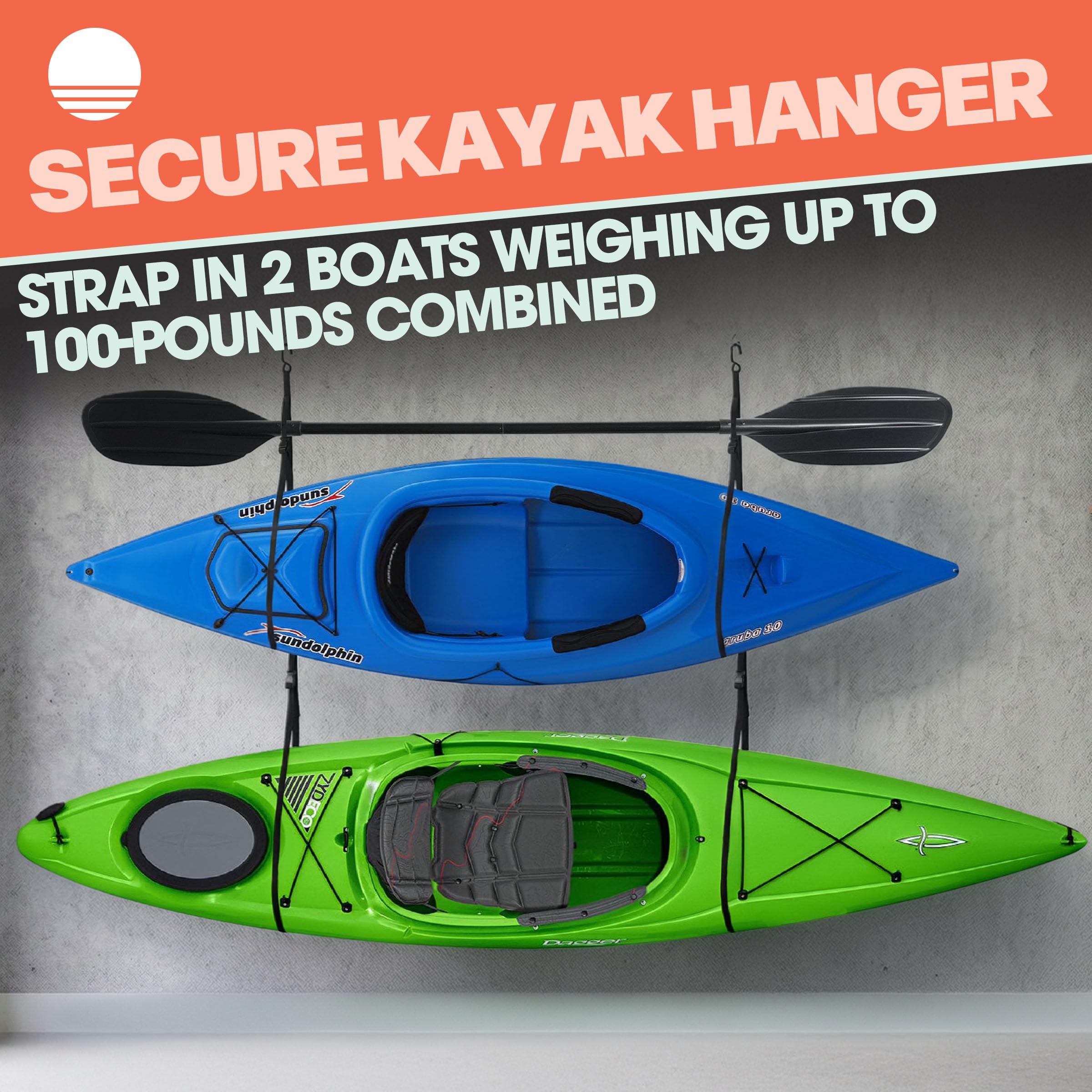 RAD Sportz Kayak Rack - Hanging Storage from Wall or Ceiling for Surfboards, Paddleboards, Sup, or Canoe - Adjustable Kayak Straps