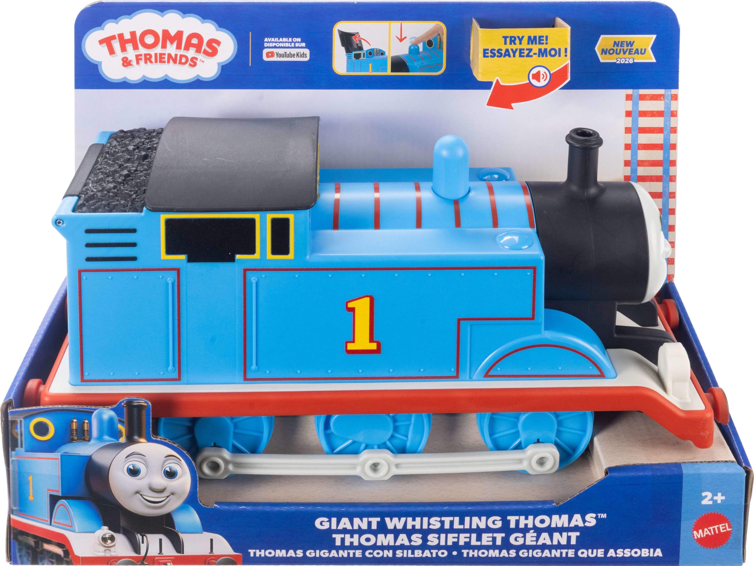 Thomas & Seine Freunde Spielzeugzug von Fisher-Price, riesiger pfeifender Thomas, große Lok, den Dampfdom drücken, damit der Zug pfeift, Gepäckfach, JRW12