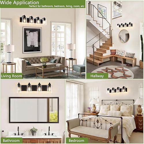 Miniatura 7 de Lámpara de tocador de baño, moderna luz de baño de 4 luces negras mate sobre espejo con pantalla de vidrio transparente, apliques de pared para