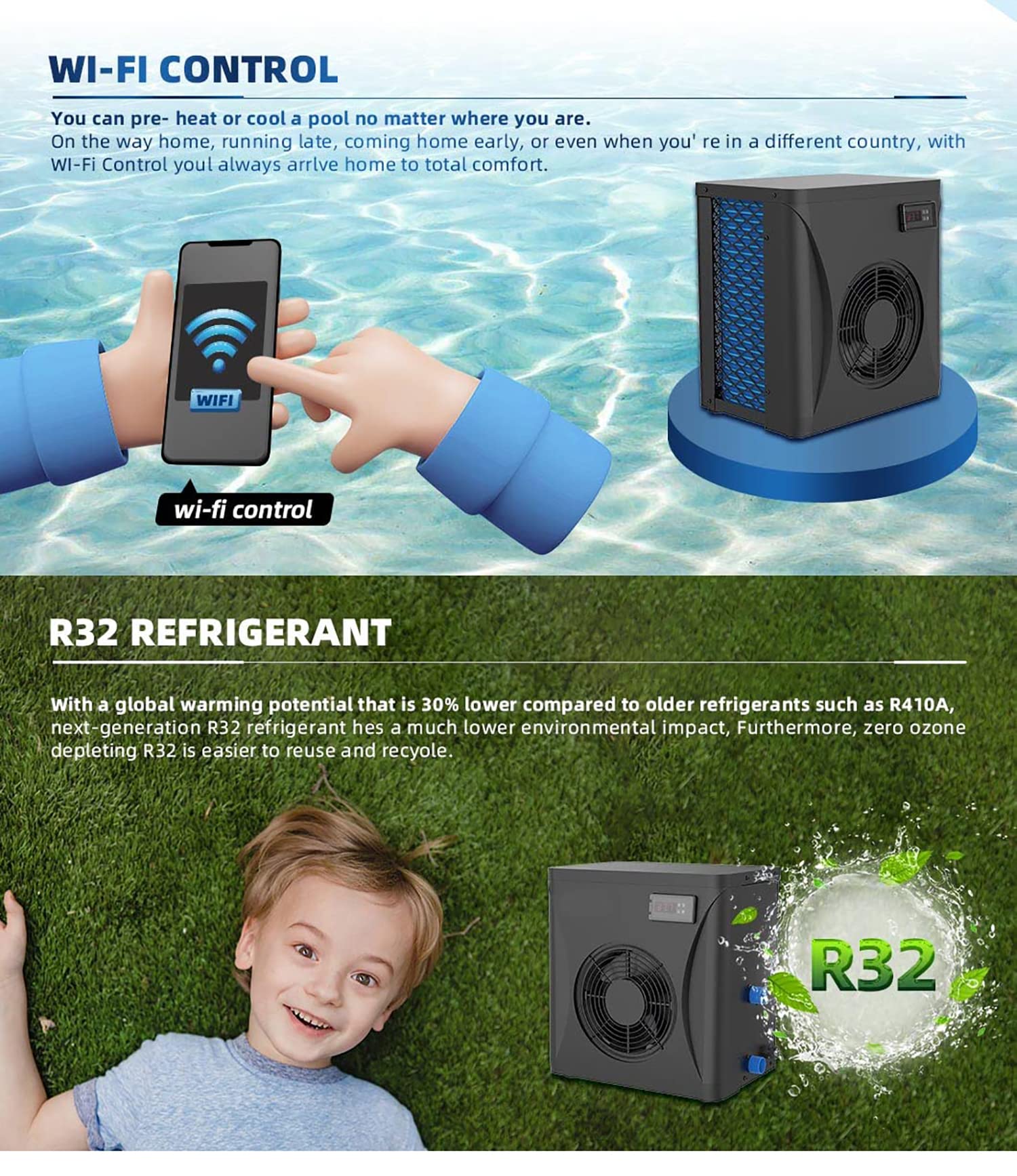 Pompe à Chaleur pour Piscine et Chauffe-Eau électrique pour Spa avec régulateur de température numérique, adapté aux piscines ≤ 15 m³