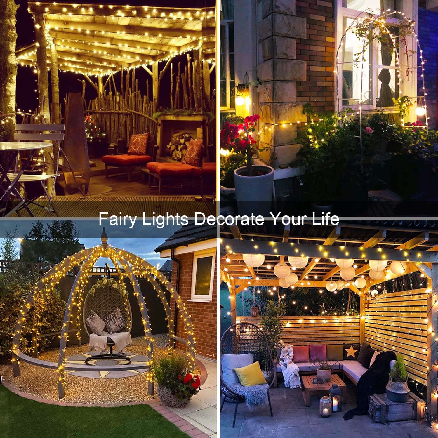 JMEXSUSS Lot de 4 guirlandes lumineuses solaires à 100 LED, 10 m, blanc chaud, étanche, 8 modes, fil de cuivre, lumières solaires scintillantes pour jardin, cour, arbre, mariage
