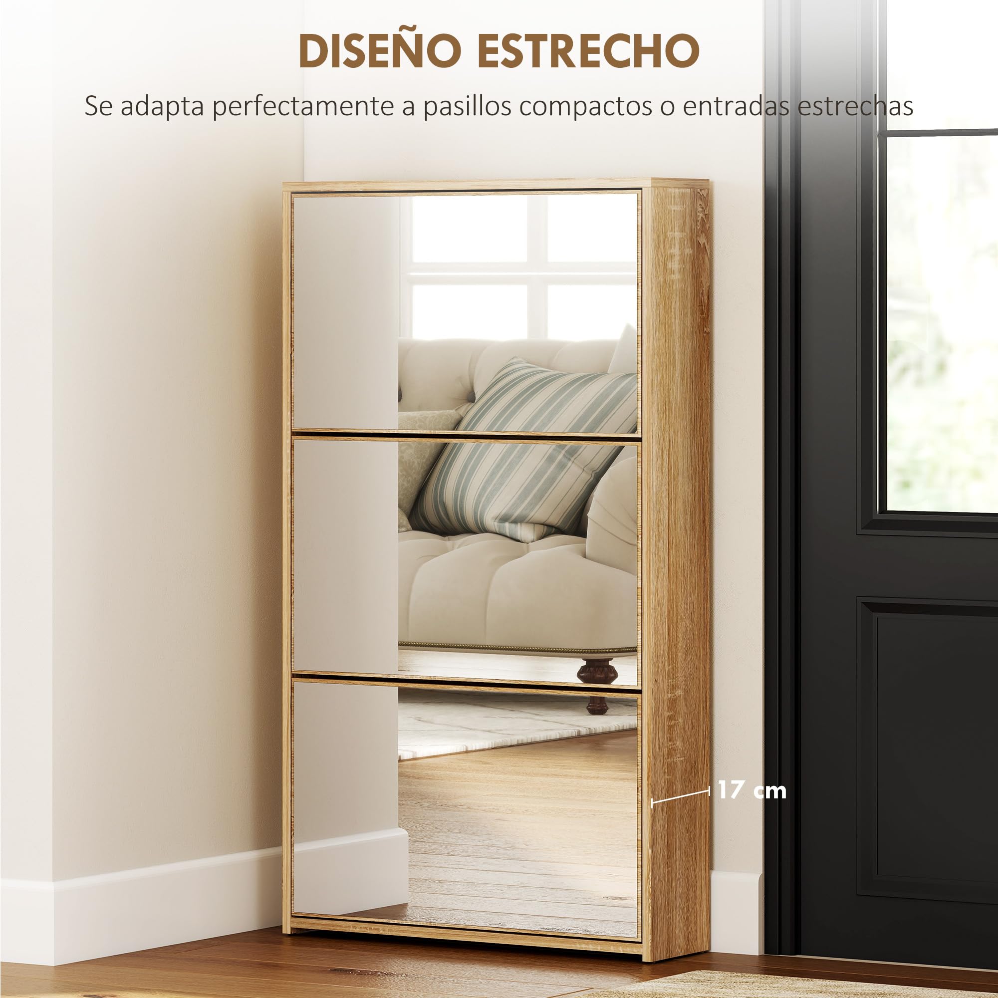 HOMCOM Zapatero Estrecho 3 Puertas con Espejo 65x17x114,5 cm Natural | Zapatero Entrada Recibidor, para 9 Pares de Zapatos, para Pasillo, Espacios Reducidos