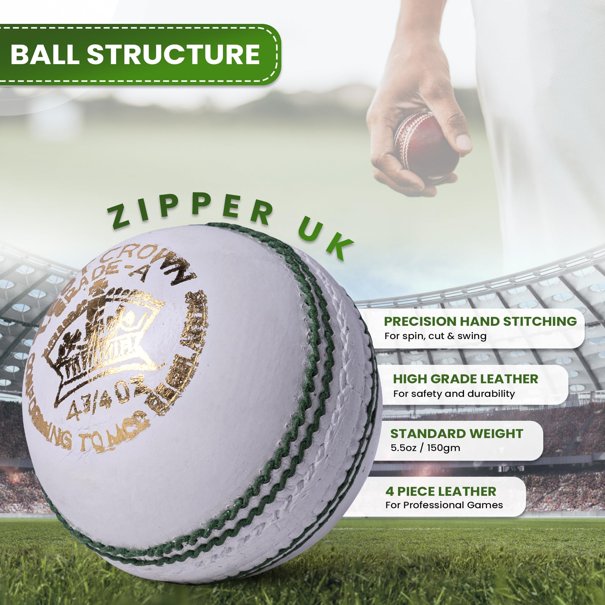 Zipper Junior Cricket Ball, Hand-Stitched Leather Youth Cricket Balls 4.75oz Weight