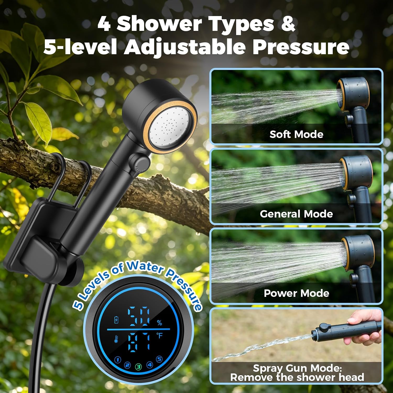 Portable Camping Shower with Heater, 8000mAh Rechargeable Shower Pump, 20L Foldable Bucket, IPX8, Auto-Off Heated, Portable Shower for Camping, LED Display for Hiking, Travel, Pet, Car Wash