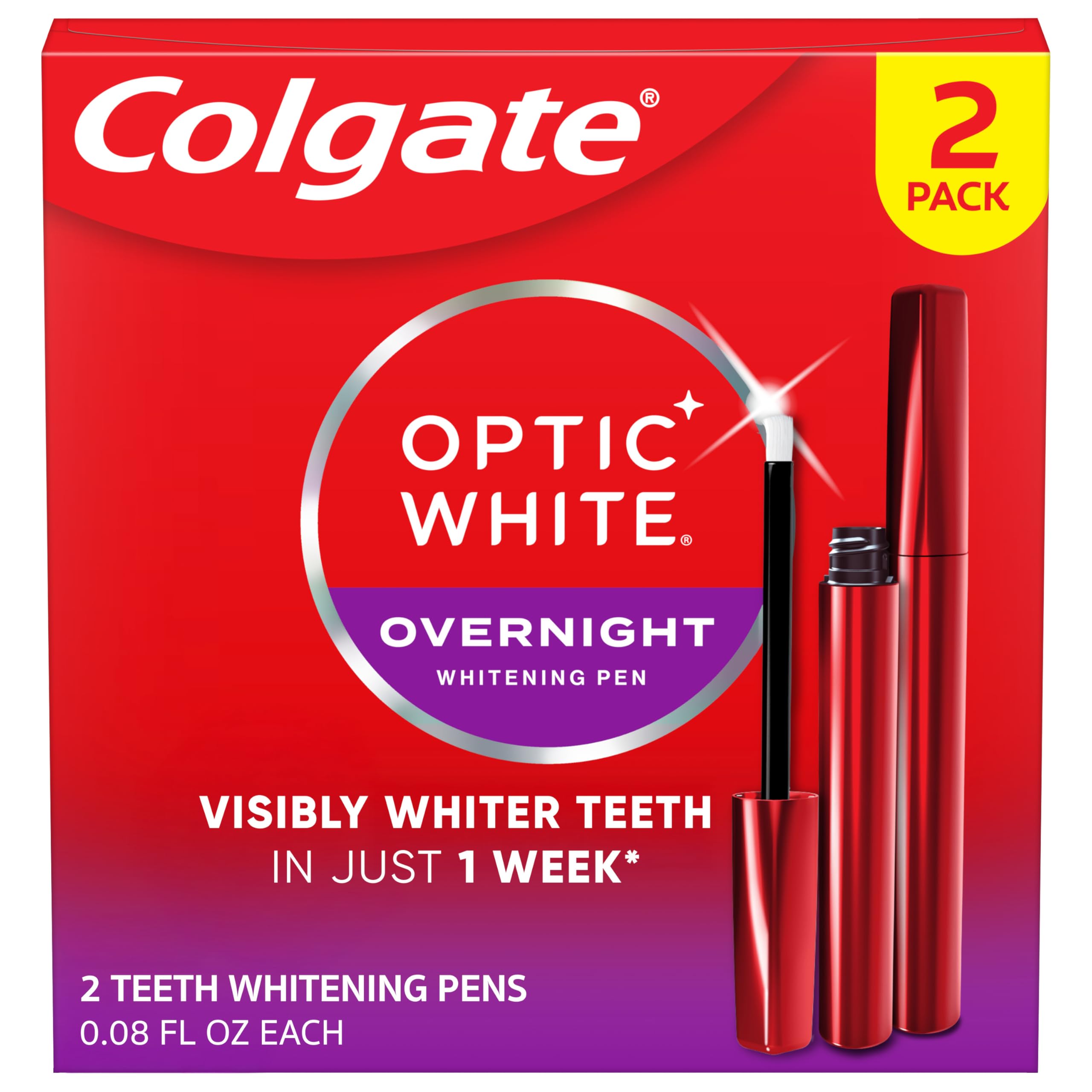 colgate optic white overnight teeth whitening pen, enamel safe and vegan, teeth stain remover to whiten teeth, teeth whitening for sensitive teeth, 35 nightly treatments per pen, 0.08 oz,2 pack