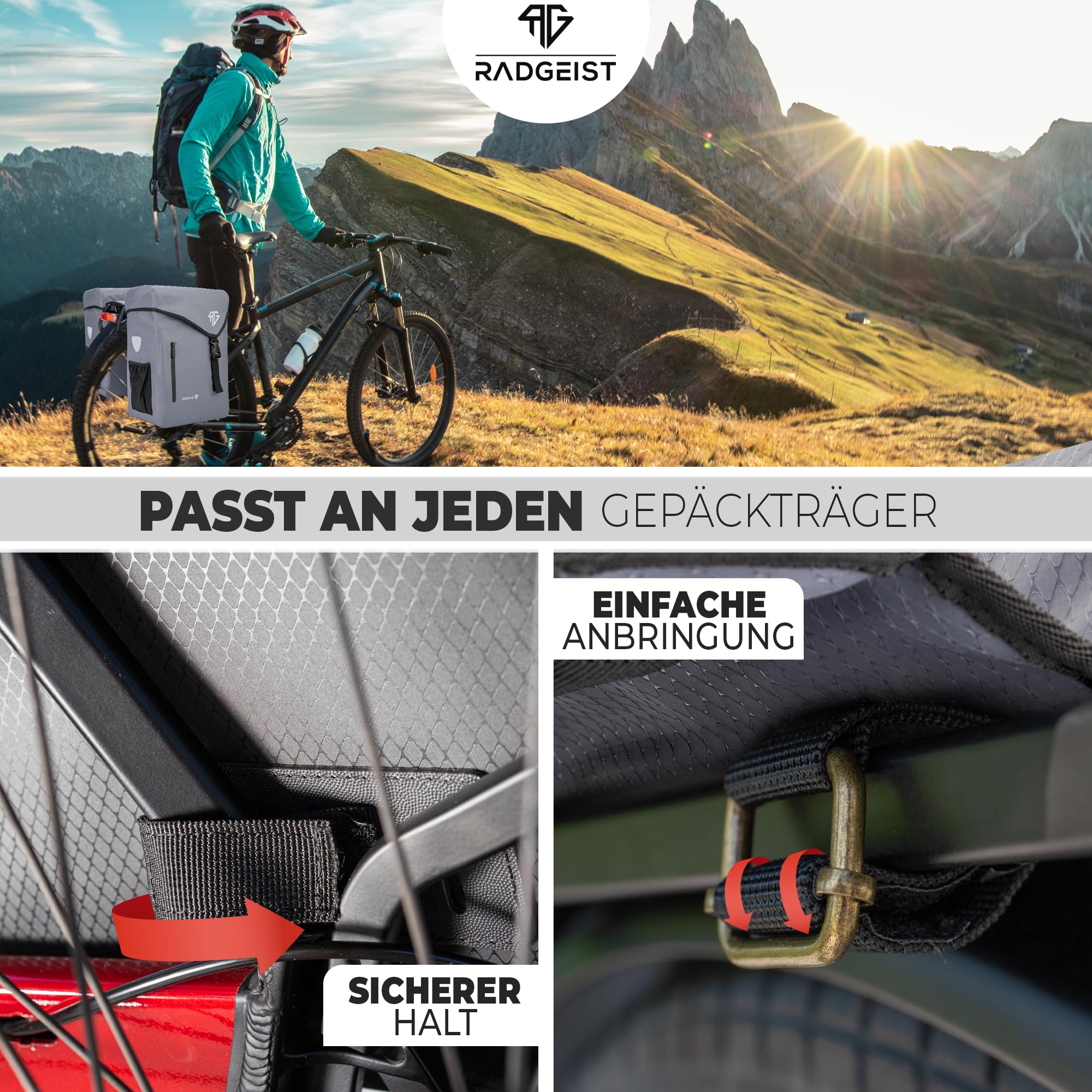 RADGEIST Borsa per portapacchi per bicicletta, 100% impermeabile, doppia borsa per bicicletta, 50 litri, doppia borsa per portapacchi con fissaggio semplice (grigio)