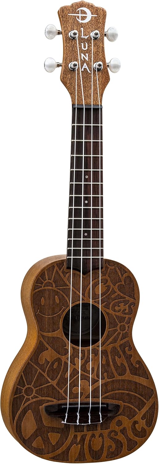 Luna Love Music Peace Mahogany Soprano Ukulele with Gig Bag, Satin Natural