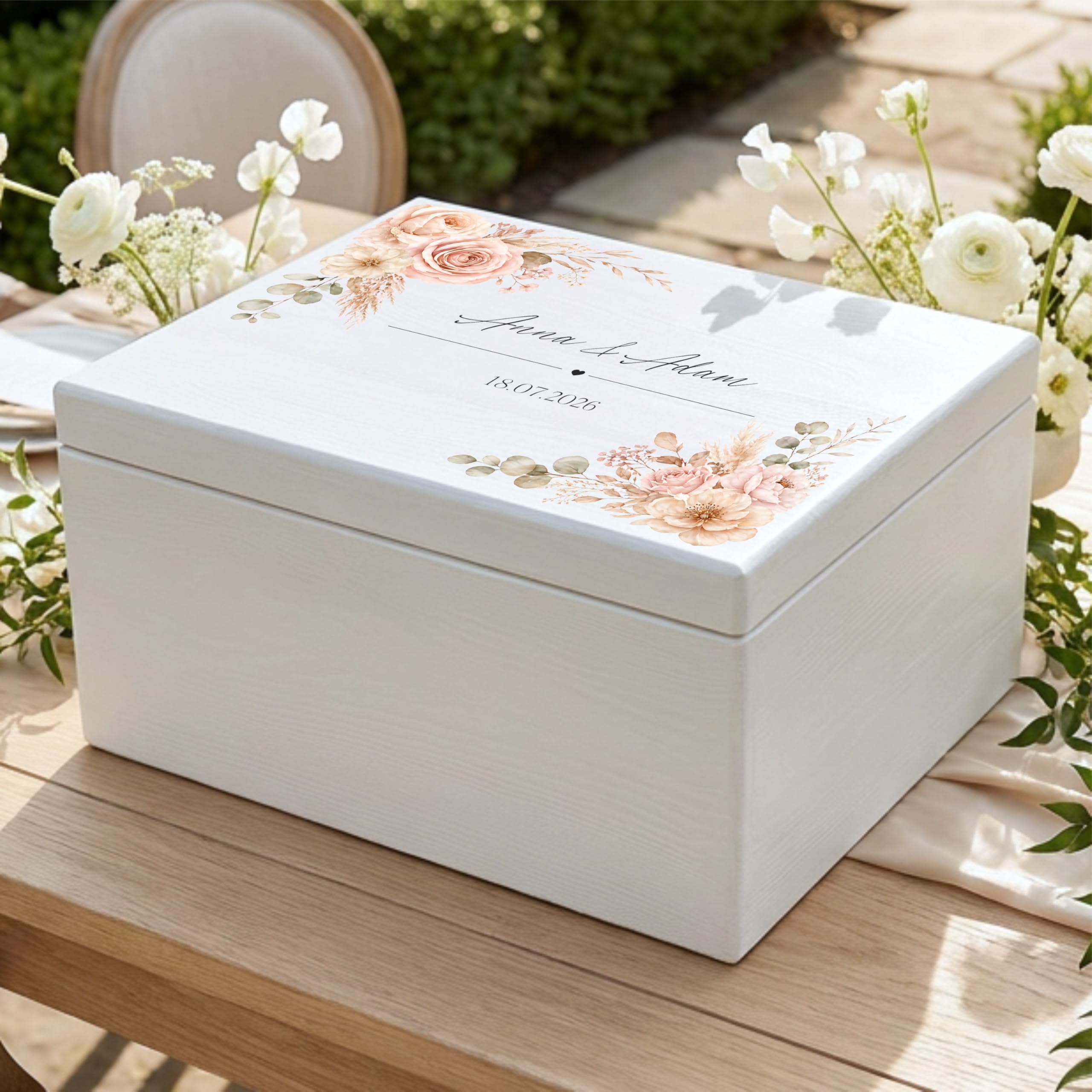 Creative DECO Personalizada Caja de Regalos Originales para los Novios Boda | Regalo Blanca | Caja Madera de Recuerdos Especiales | Parejas Aniversario Matrimonio | Motivo Flores Nombres Fecha