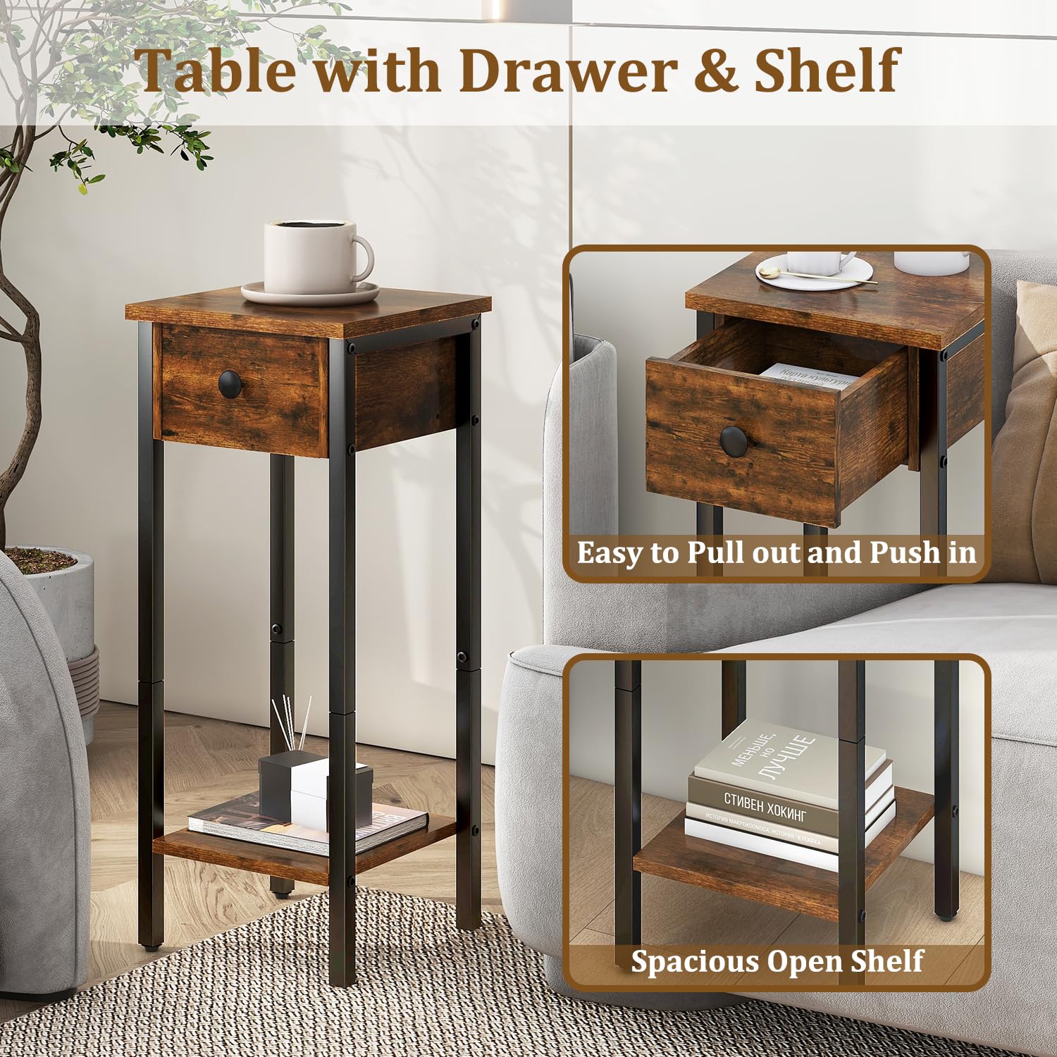 IBUYKE Lot de 2 Tables de Chevet Étroite,Pieds en Métal,Marron TMJ417H-2