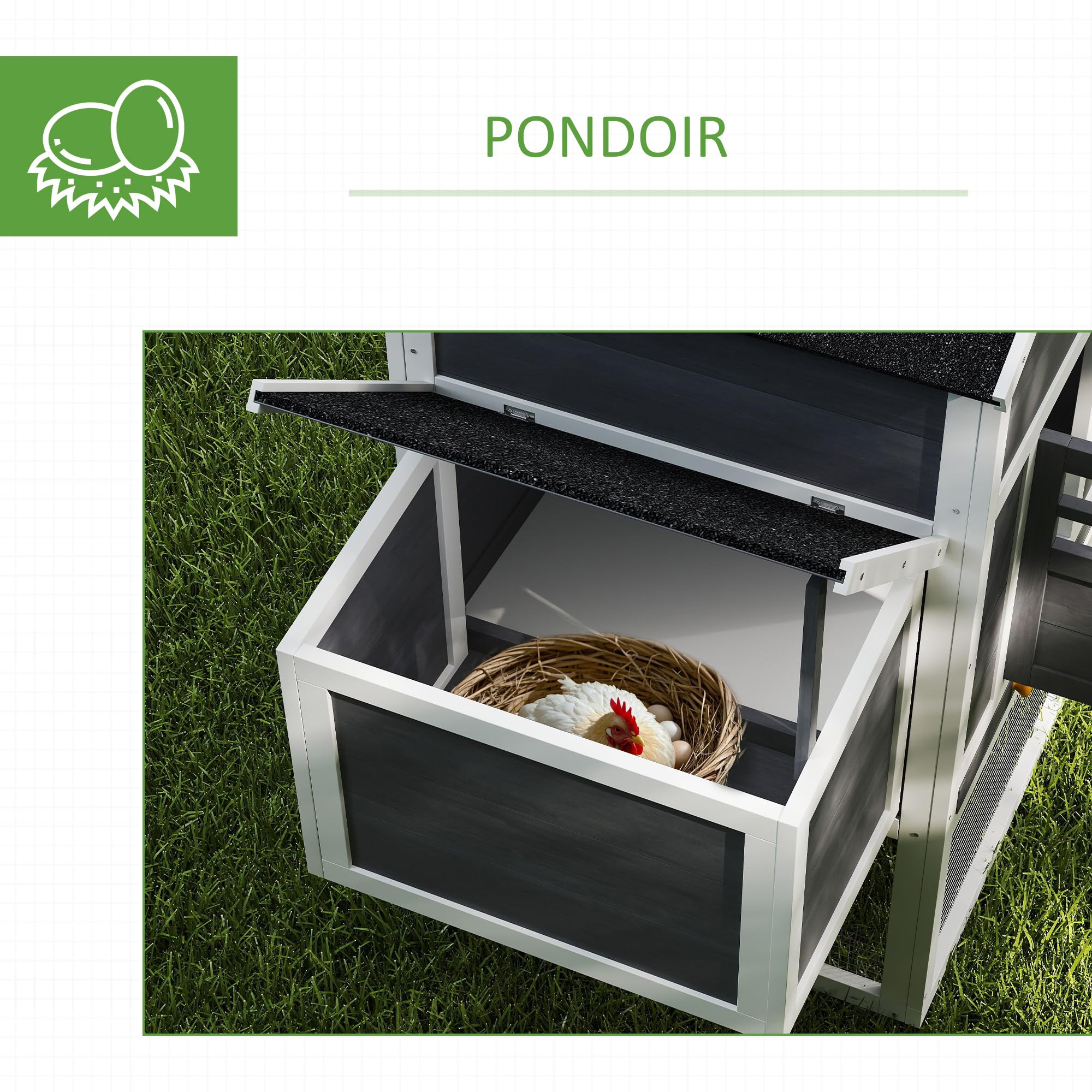 PawHut Poulailler en Bois avec Pondoir 3-6 Poulets Bois Massif Blanc | Poulailler pour Poules Extérieur, Niche Séparée, Plusieurs Portes, Bac Amovible