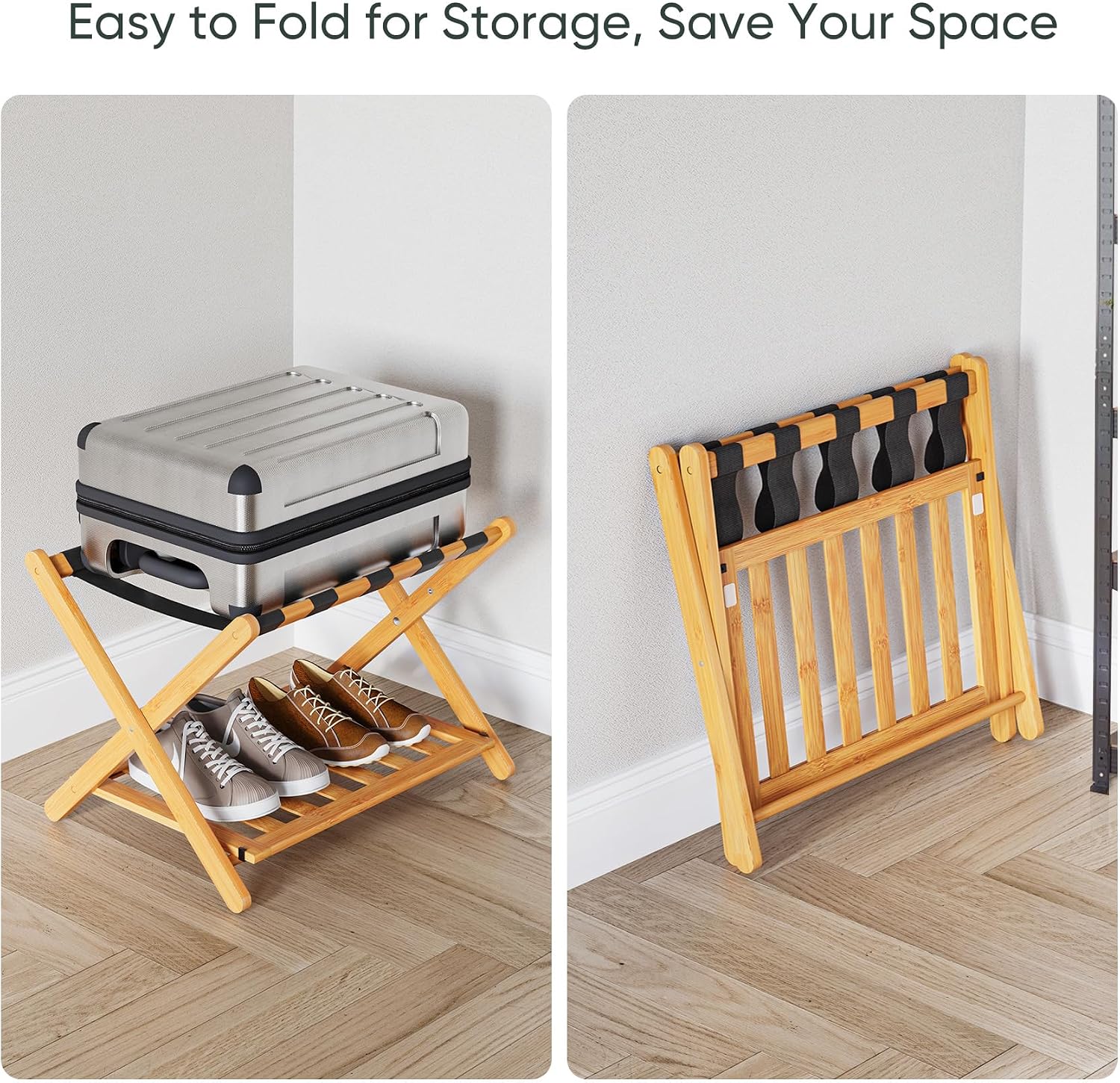 Set of 2 Fully Assembled Luggage Rack for Guest Room, 5 Straps Bamboo Suitcase Stand with Shoe Shelf, 26.77" Wide Foldable Luggage Holder for Bedroom, Hotel (Honey Oak)