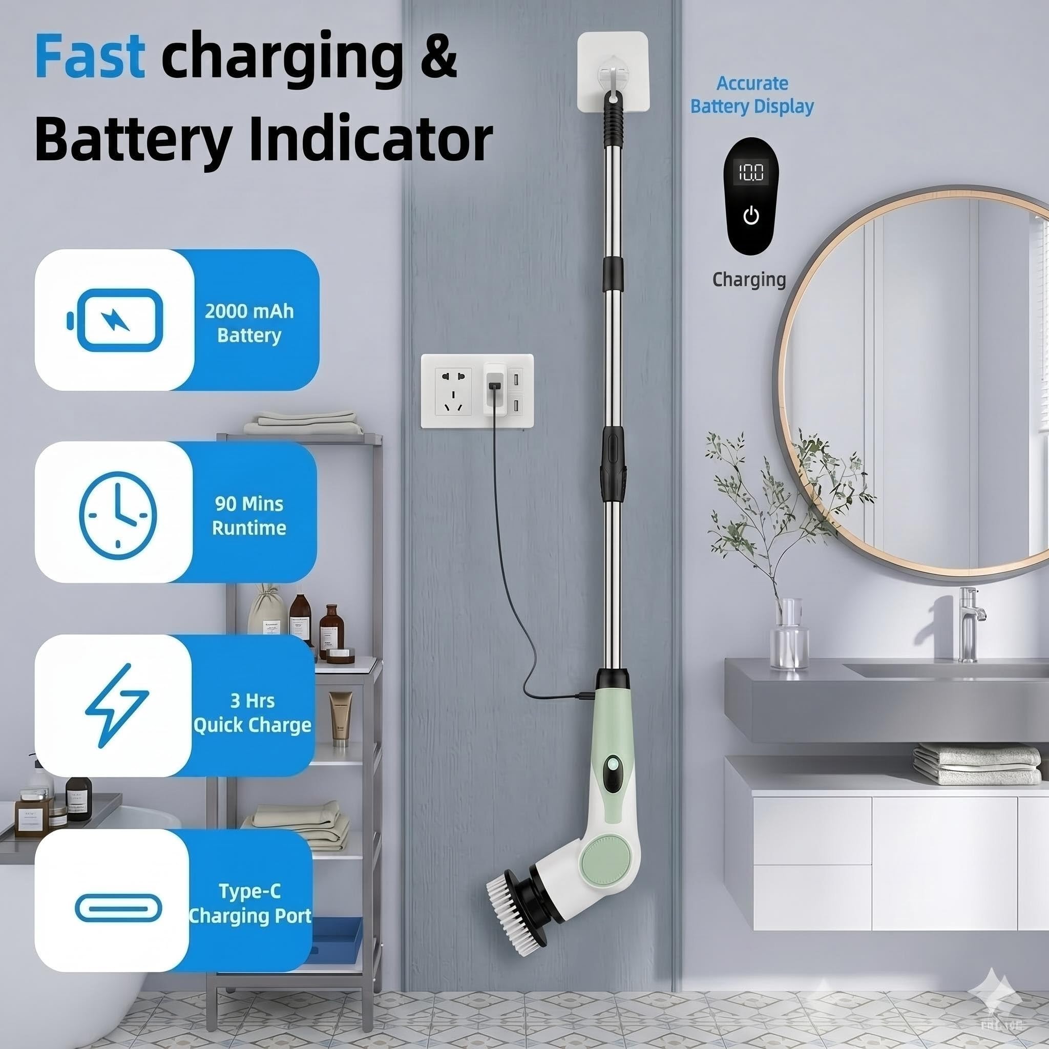 Cepillo de limpieza eléctrico 10 en 1 con mango extensible, batería de 2000 mAh | USB-C, IPX7 resistente al agua, 3 velocidades, cepillo eléctrico para ducha, azulejos, suelos, cocina