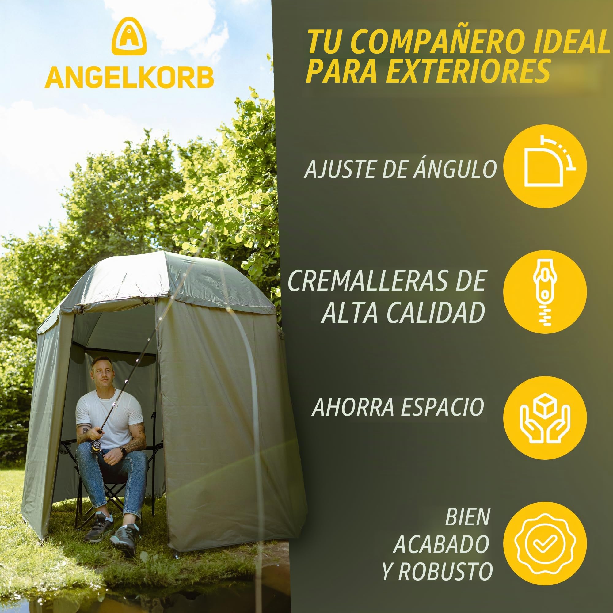 Angelschirm con pared lateral 2,50 m – Sombrilla para pesca y tienda de campaña, repelente al agua, protección contra mosquitos, inclinable a 45° – Carpa de pesca para camping y al aire