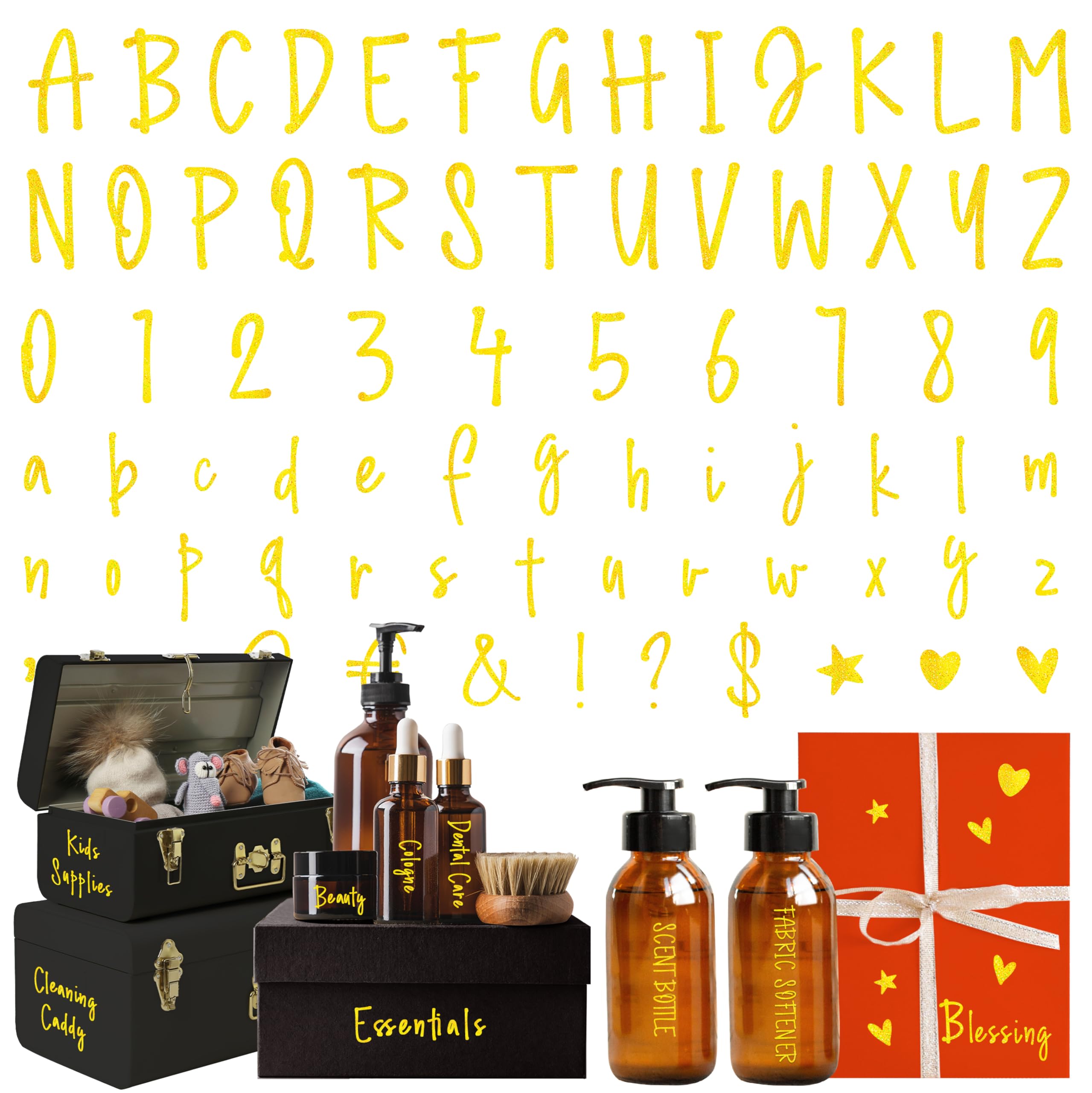 1136 Pegatinas de letras y números, diseño de lámina de oro brillante autoadhesivas en vinilo, etiquetas de letras impermeables para recipientes, cocina, ventana, etiquetas para frascos de alimentos