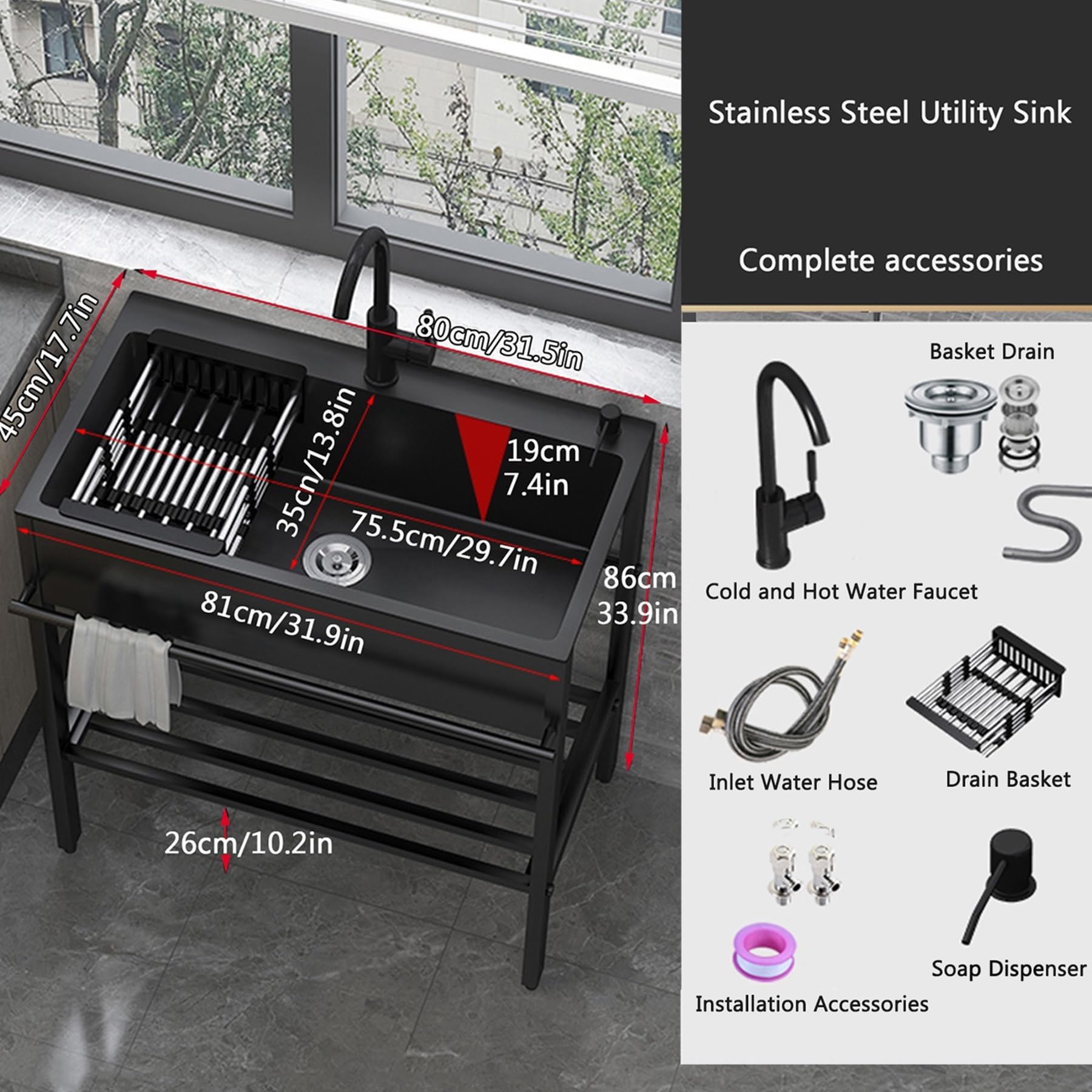inless Steel zewnętrzny zlew komercyjny z ociekaczem i zestawem kranów, czarna pojedyncza miska do prania, baru, użytku na podwórku (80 x 45 x 86 cm) - Slish & Functal