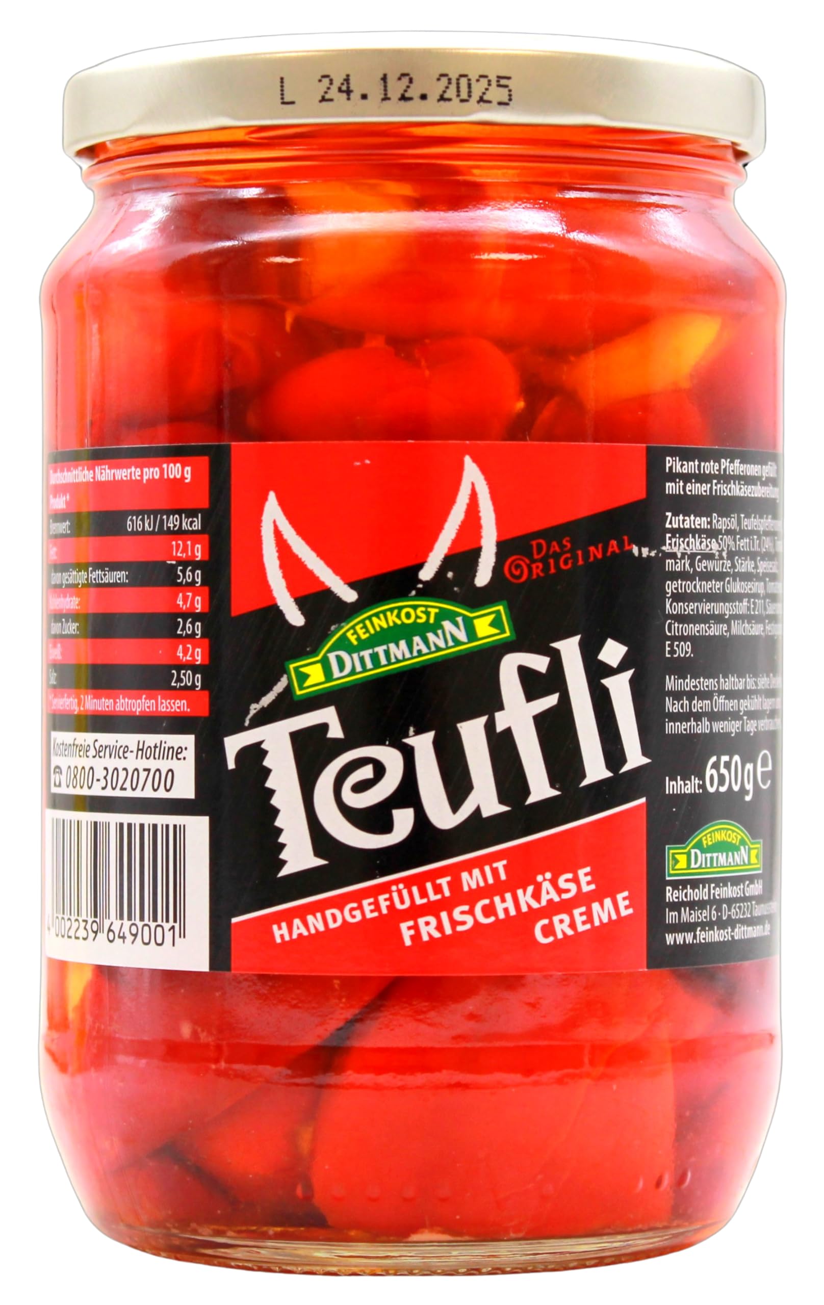 Feinkost Dittmann Teufli pikante rot Pfefferonen mit Frischkäse gefüllt, 6er Pack