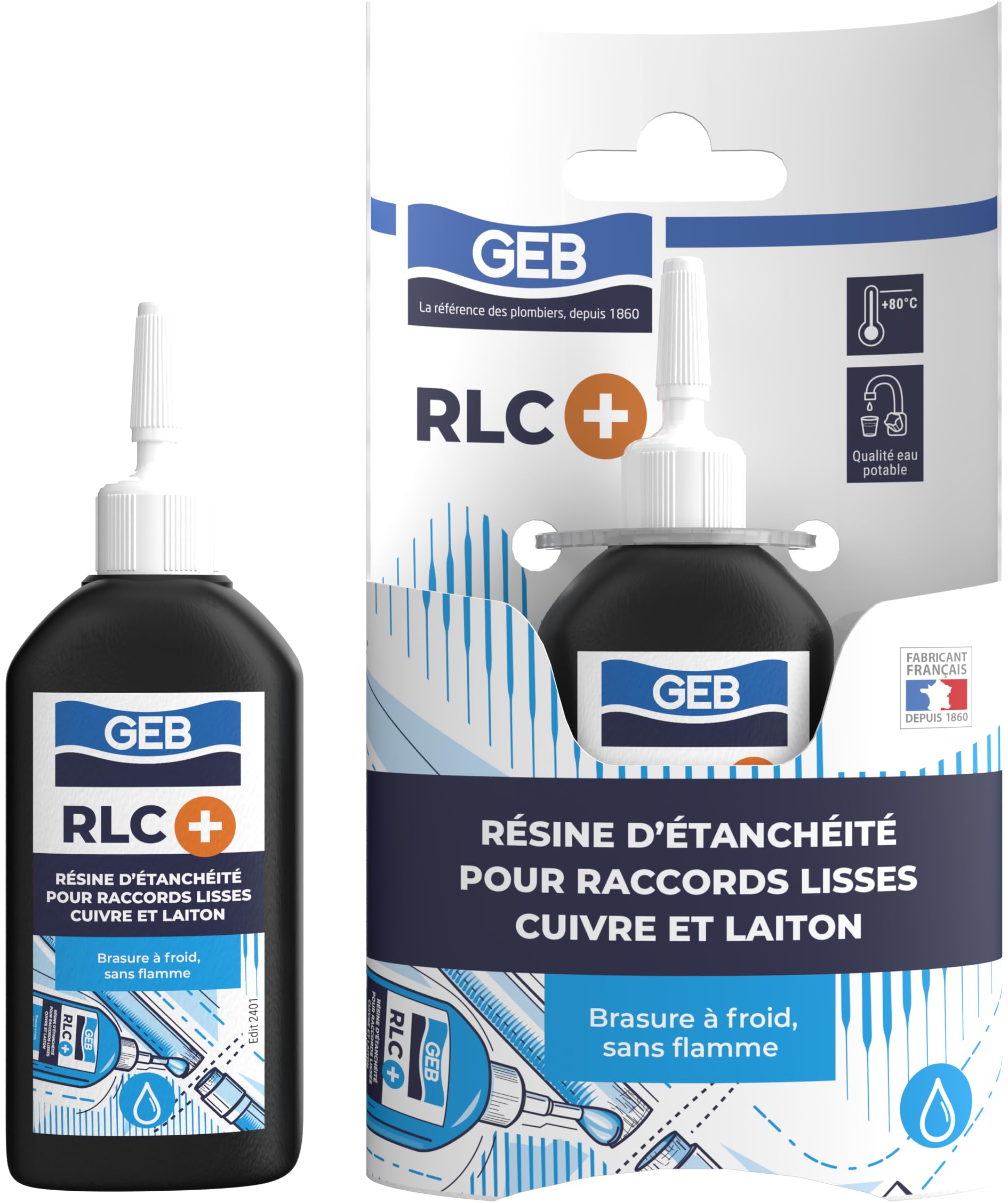GEB RLC + Résine pour le raccordement sans flamme d'une installation complète en cuivre et laiton. Flacon 30 ml
