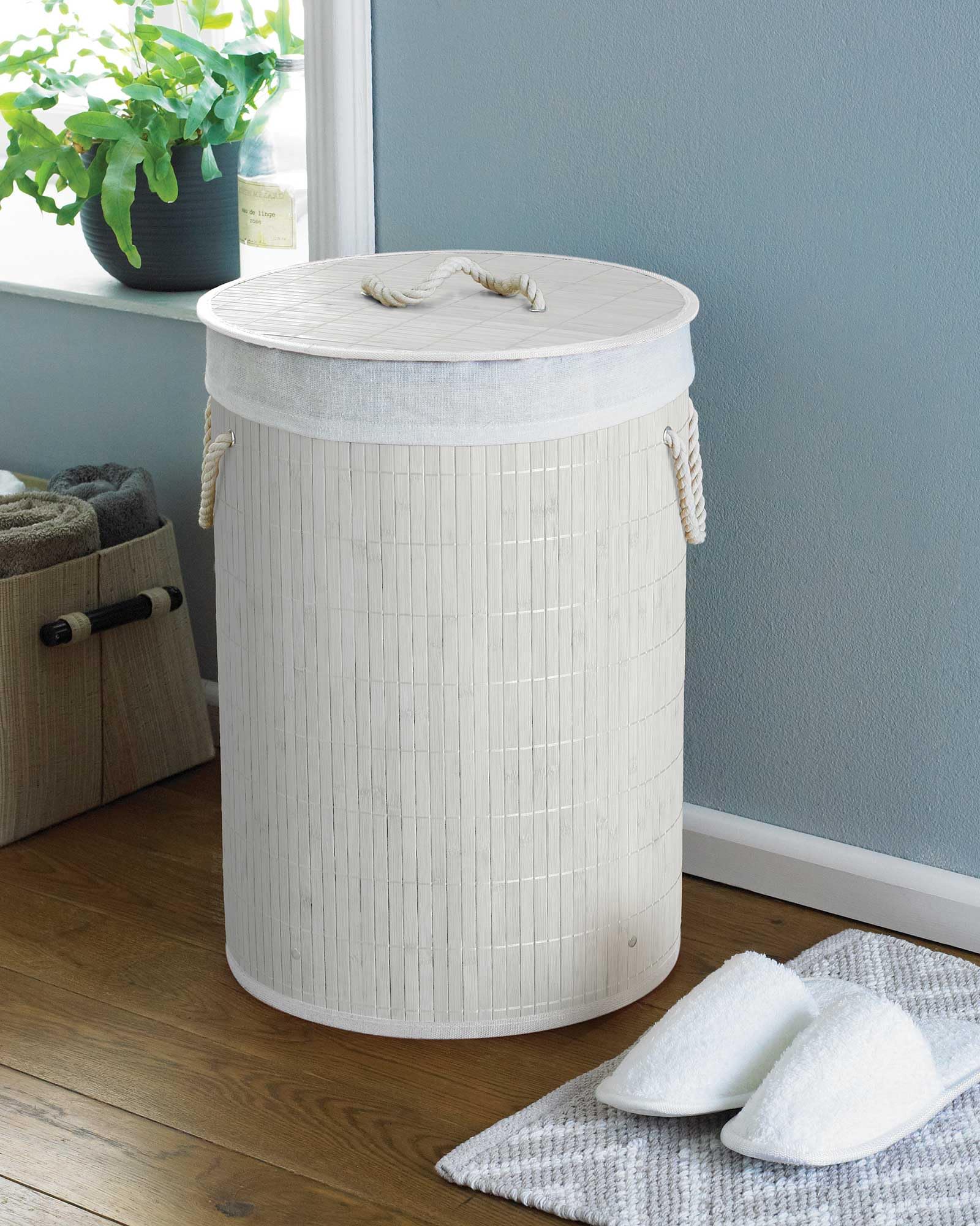 COUNTRY CLUB Folding Bamboo Laundry Hamper Basket Storage Bin Dirty Clothes Washing Bag (Nouveau White)