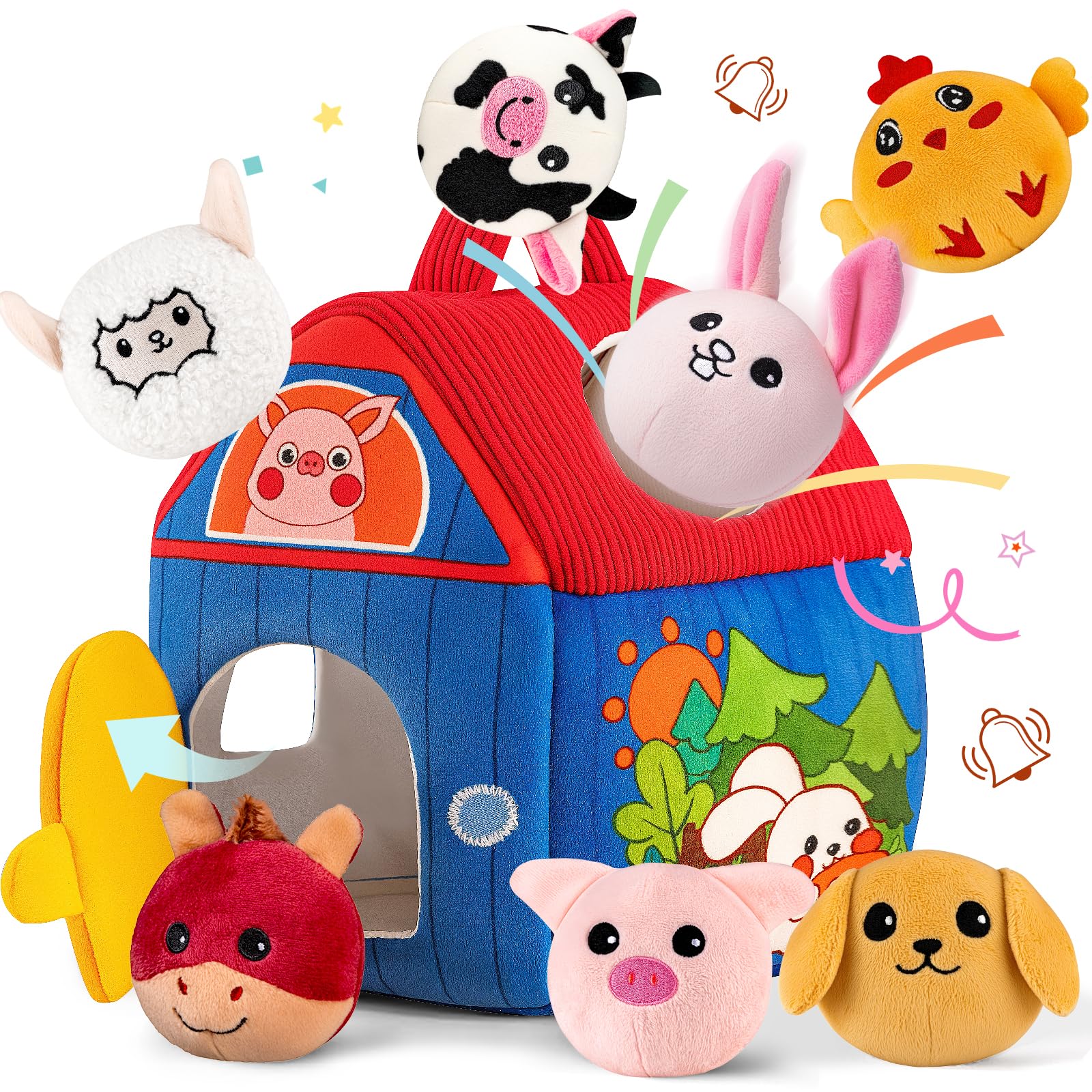 SAIMAND Baby Toys 6-12 Months, Surprise Barn with Plush Farm Animals, Rattle, Crinkle Paper & Mirror