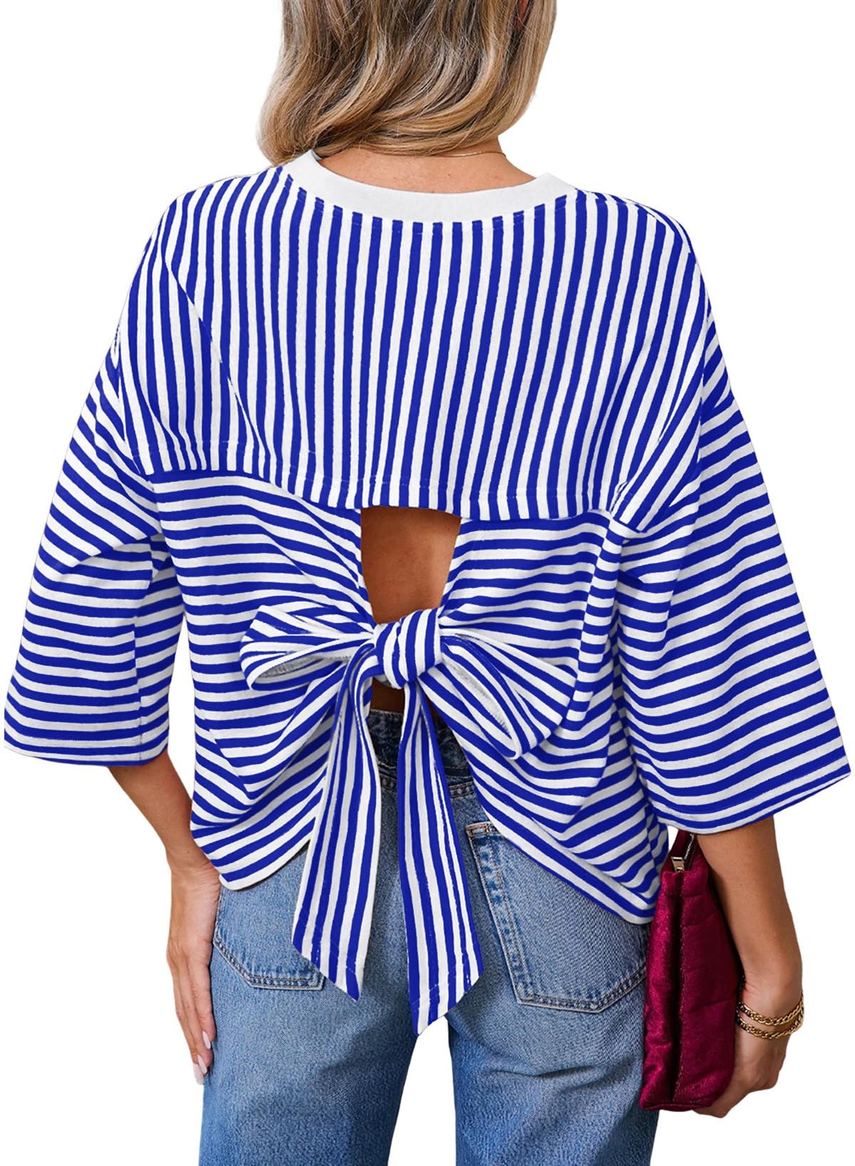 Dokotoo Womens Tops 2026 Striped Tie Back Short Sleeve T Shirts Crewneck Casual Loose Basic Tee Summer Outfits — view 10