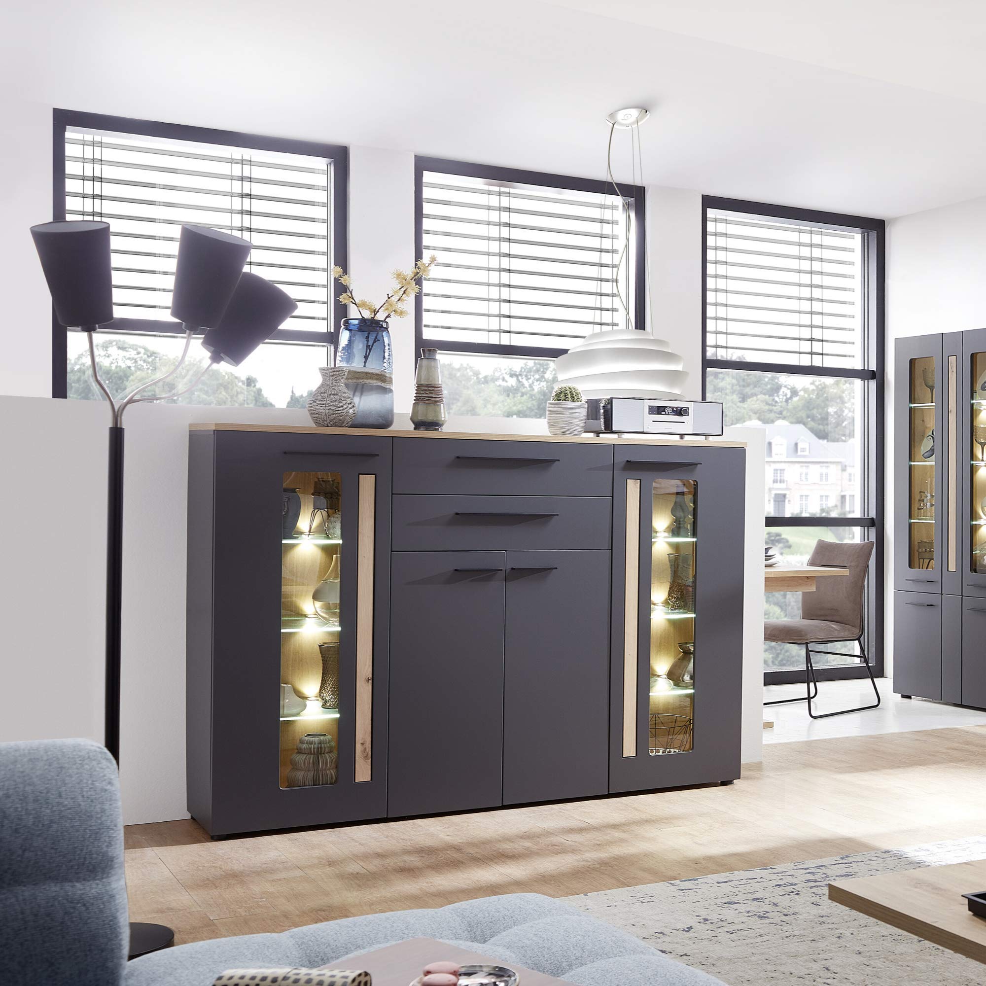 Stella Trading Loft-Two-Apariencia Artisan, salón y Comedor, Madera de ingeniería, Roble Artesano Grafito, Highboard