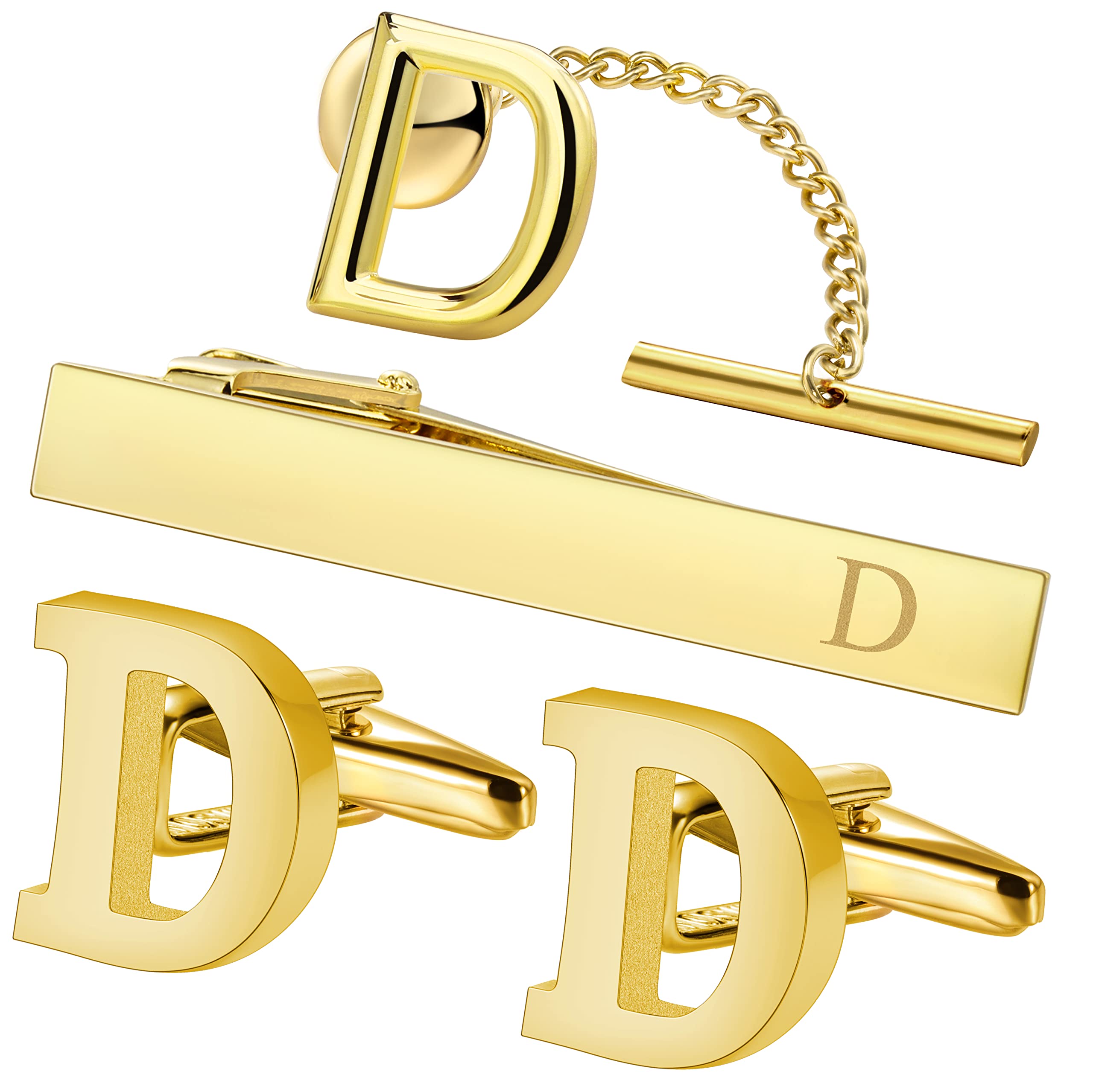 HAWSON Cufflinks for Men, Tie Clips for Boys, Tie Pin for Men, Gold Color Jewelry Set, Boxed Gift Packing, Initial Letter Jewelry for Him