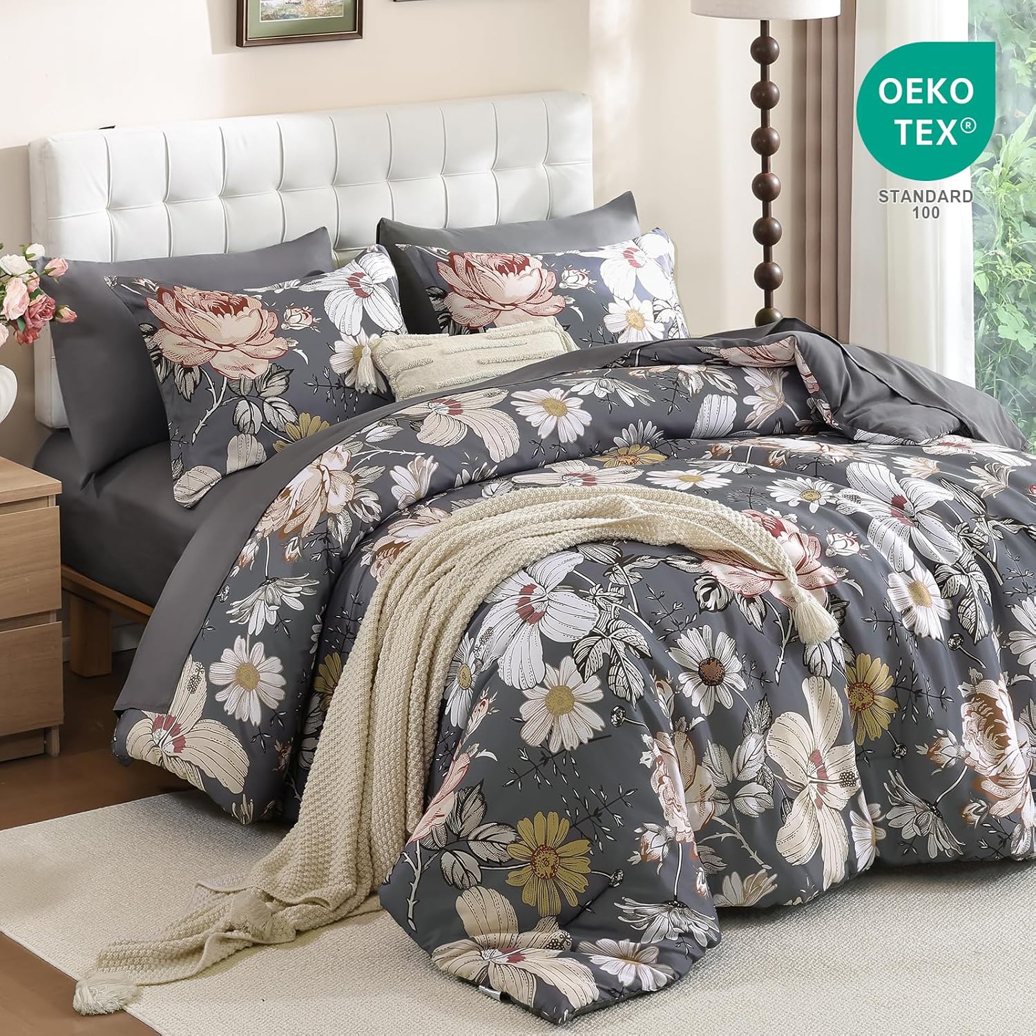 Luxudecor King Comforter Set 7 Pieces Bedding Sets,Gray Floral Comforter and Sheet Set,Soft Microfiber Bed in a Bag for All Seasons (Gray,104"x90") - Image 2