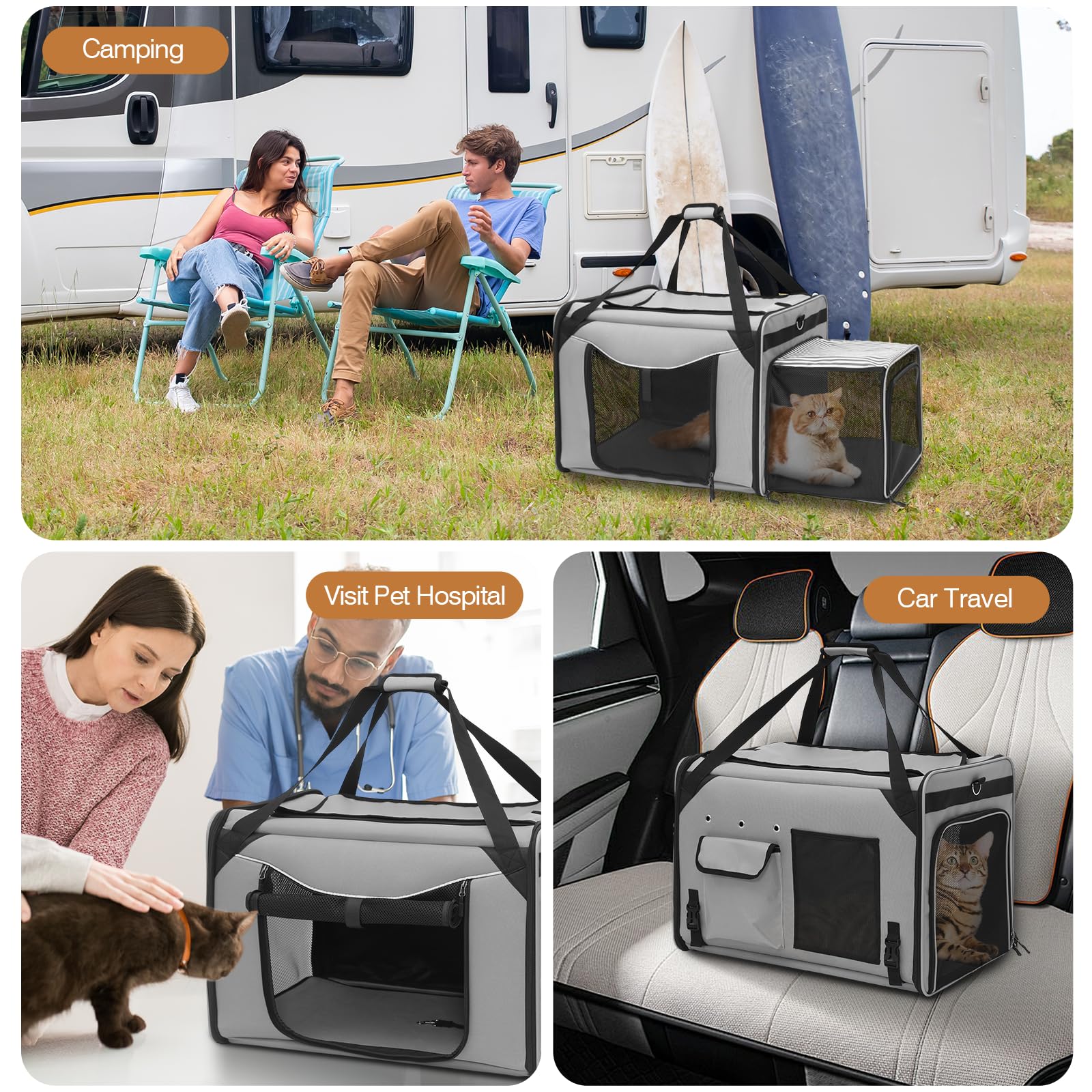 Trasportino per Gatti Pieghevole con Lettiera per Gatti, 60x42x57 cm, Grigio
