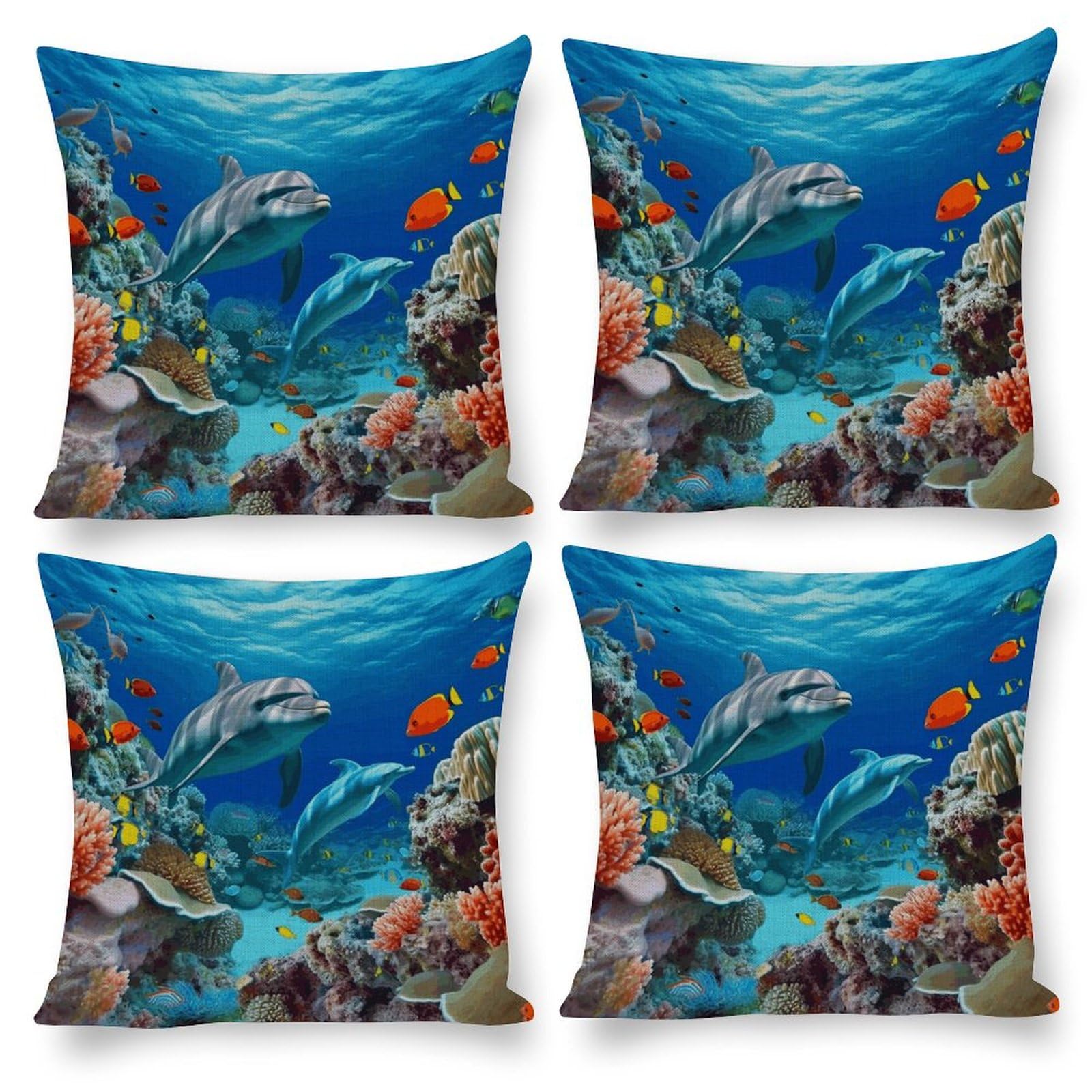 Housse de coussin motif poissons corail en tissu imprimé océan