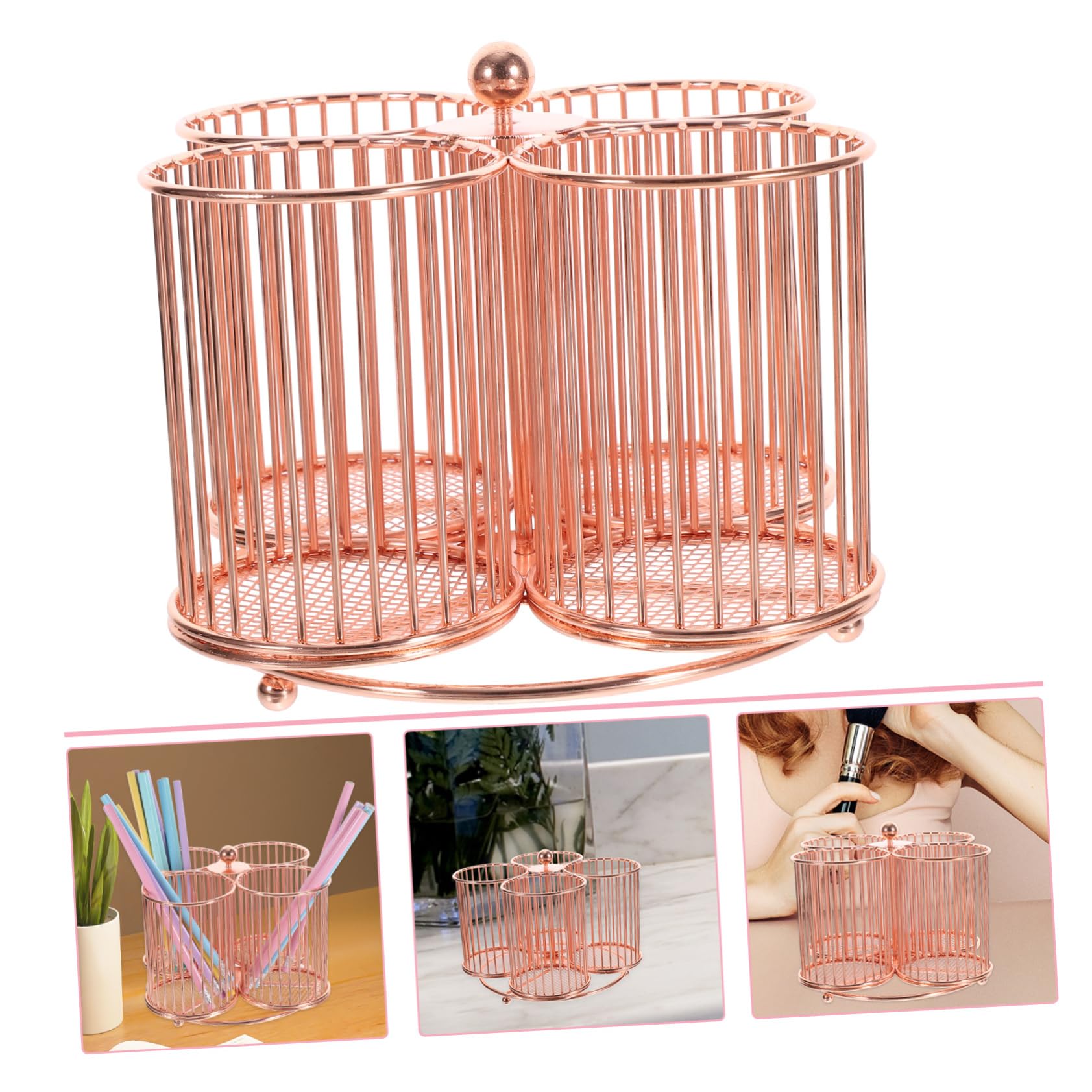 HOMSFOU Portapenne Girevole da Scrivania in Metallo Rosa Gold, Organizer Multifunzione per Cosmetici e Cancelleria, Contenitore Rotante 360° per Ufficio e Studio