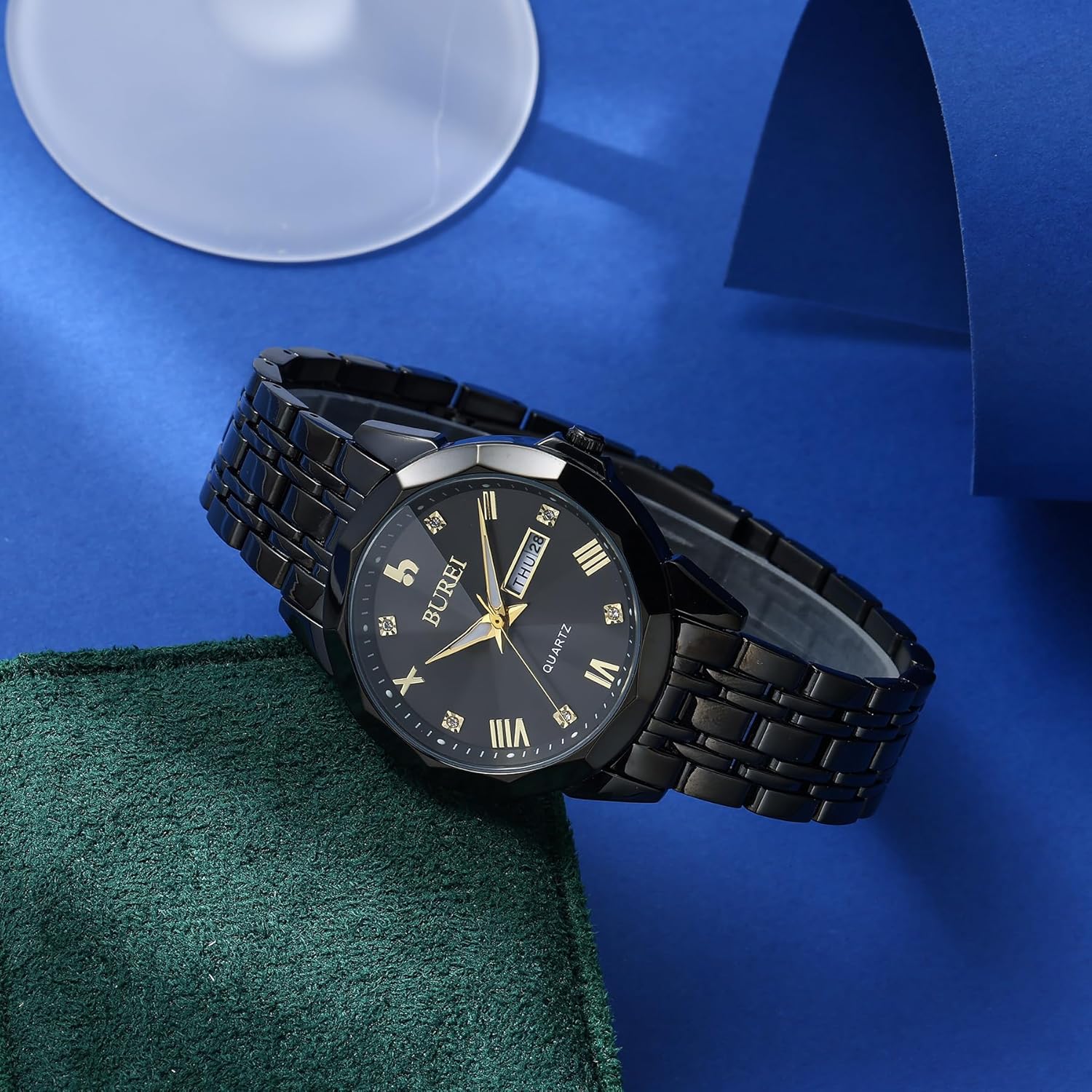 BUREI Men Watches Fashion Business Analog Quartz Stainless Steel Waterproof Watches Diamond Luminous Date Dress Wrist Watch Luxury Casual Wrist Watch with Weeks,Gifts for Men(Black) - Image 3