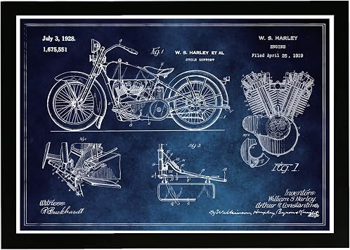 Wynwood Studio Transportation Framed Wall Art Prints Harley Engine 1923 Set Horiz Chalkboard Motorcycles Home Decor, 19" x 13", Blue, White