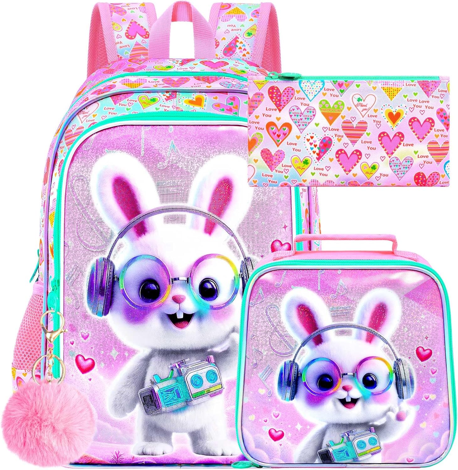 gxtvo 3PCS Butterfly Backpack for Girls, 16" Kids Bookbag with Lunch Box, Water Resistant Elementary School Bag for Preschool Toddler