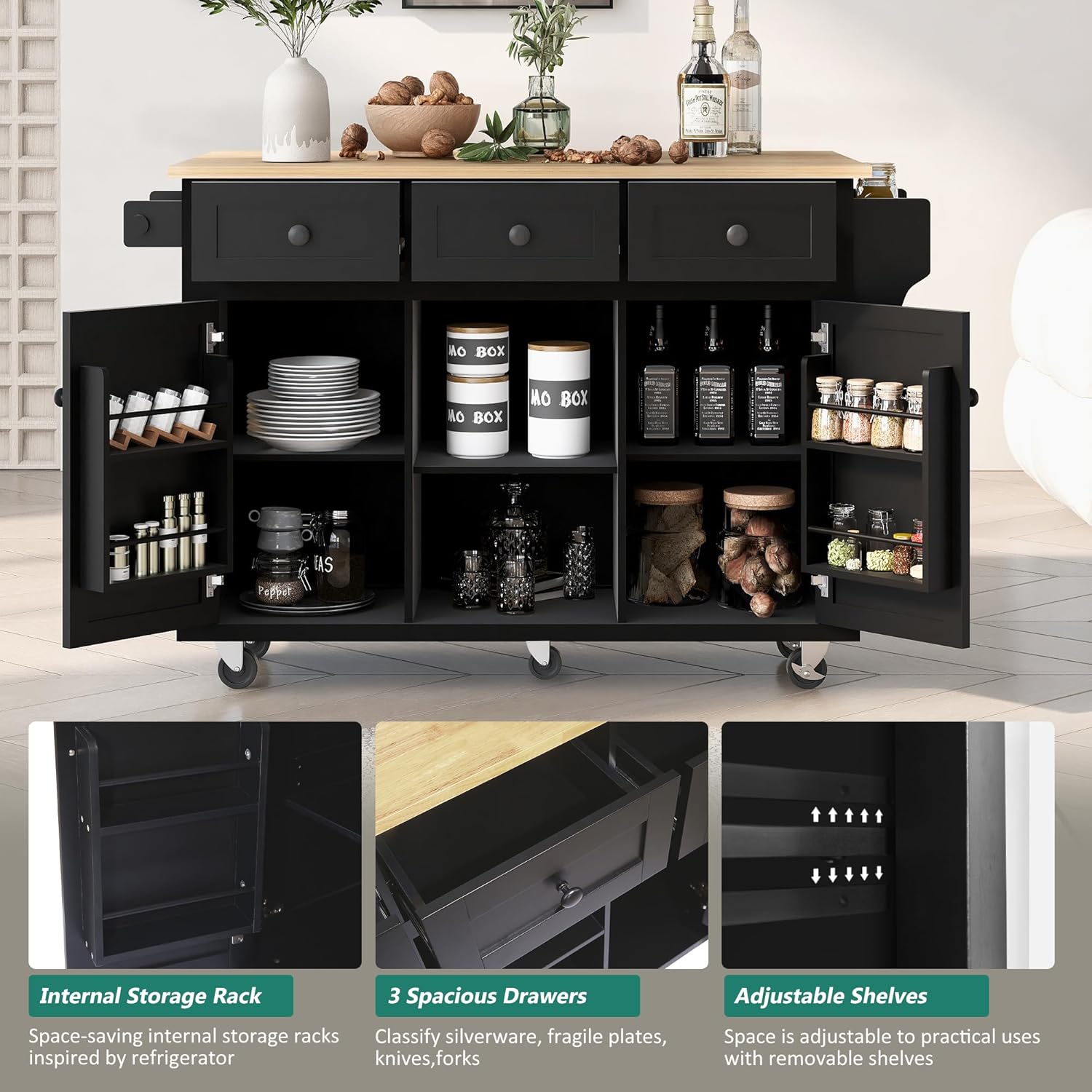 RuiSiSi Kitchen Island on Wheel with Drop Leaf and 3 Drawer, Rolling Kitchen Cart with Internal Storage Racks, Cart Table with Spice Rack and Towel Rack, 53.1" W Island Table for Dining Room, Black