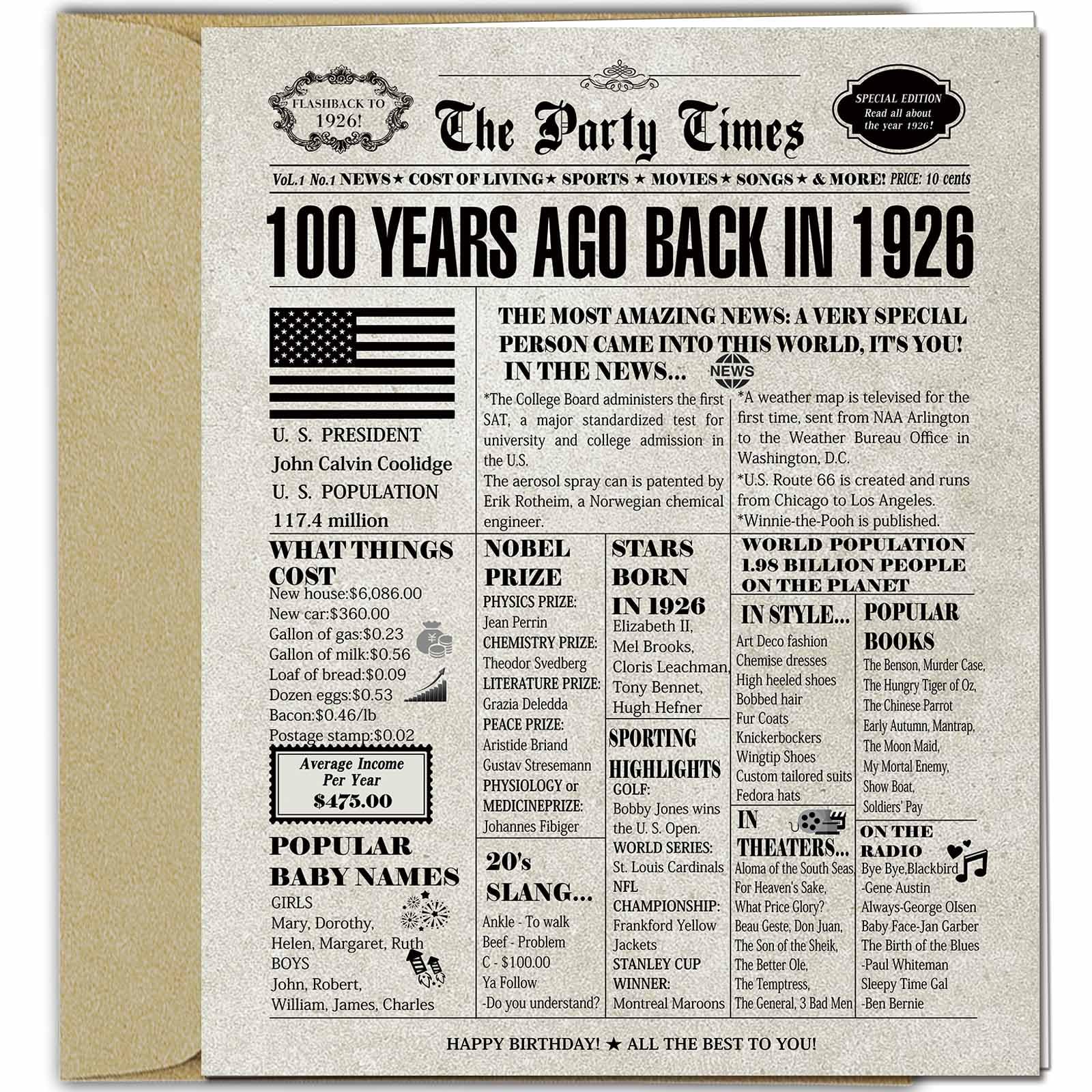 DUGUTUL Vintage 100th Birthday Card, 100 Birthday Decoration, Nostalgic Birthday Card for 100 Years Old Men Women, Retro Happy 100th Birthday Party